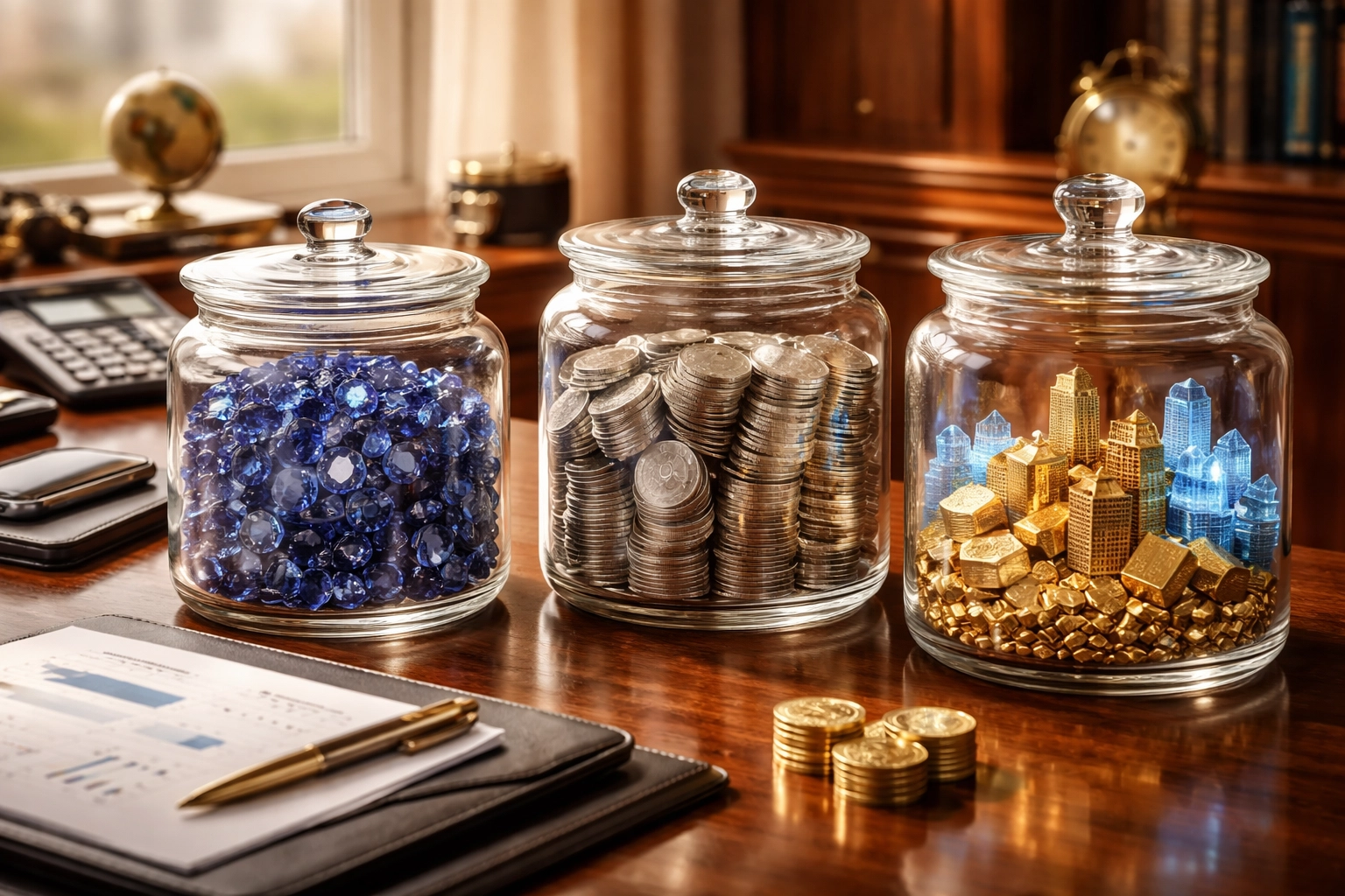 Investor’s desk displaying asset allocation with blue sapphires for equities, silver coins for fixed income, and gold for alternatives