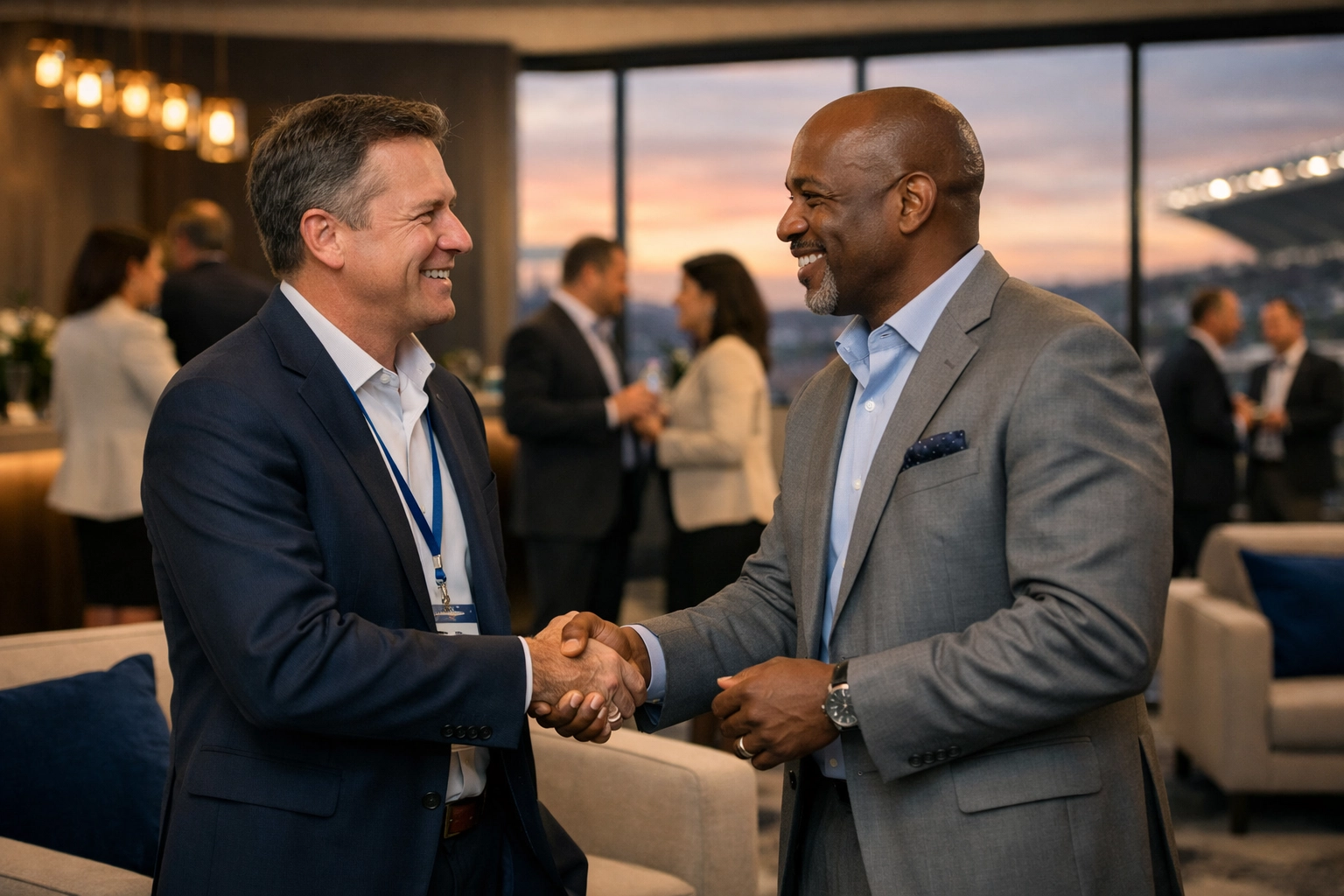 Stop Wasting Money on Super Bowl Hospitality: 7 Data-Driven Tactics Fortune 500s Use to Triple Brand Visibility Business executives building relationships through networking at luxury Super Bowl hospitality event