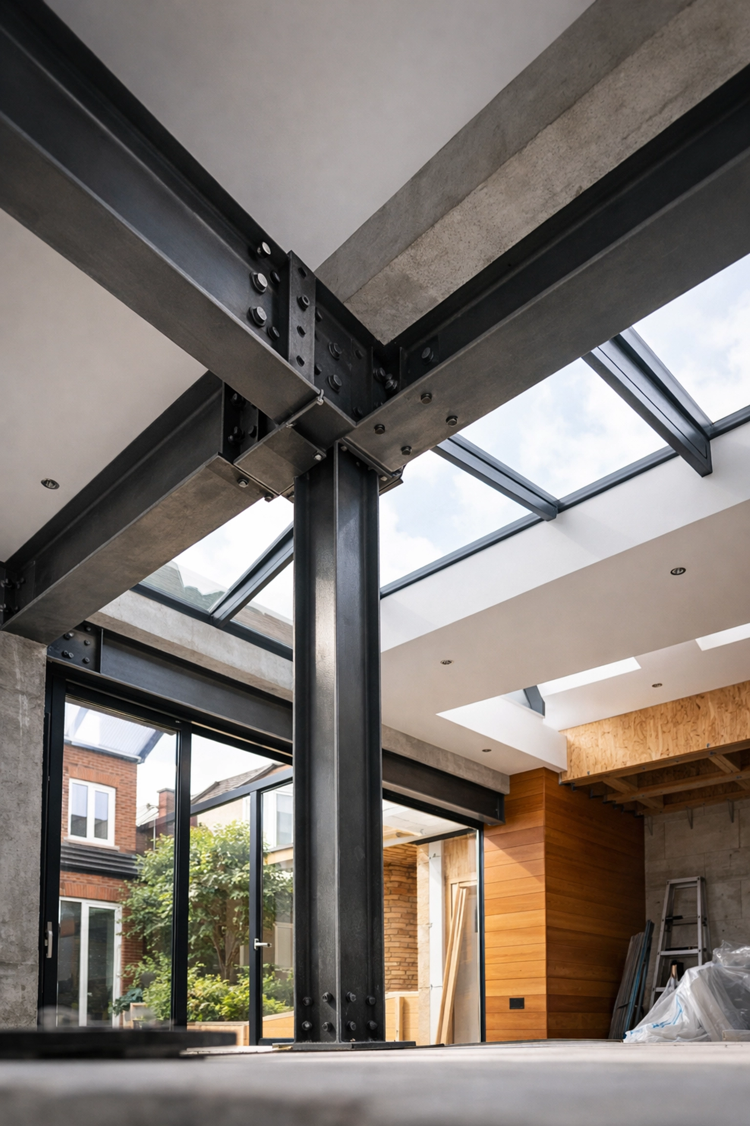 Structural steel beams in London residential extension showing engineering precision
