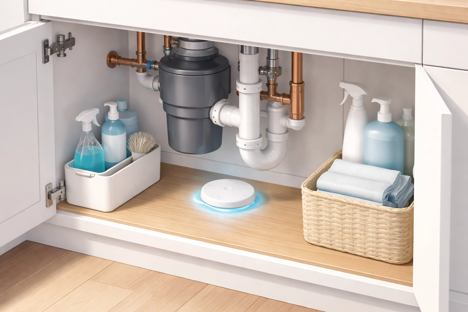 Smart home moisture detector installed under a sink for early leak and mold prevention in kitchens