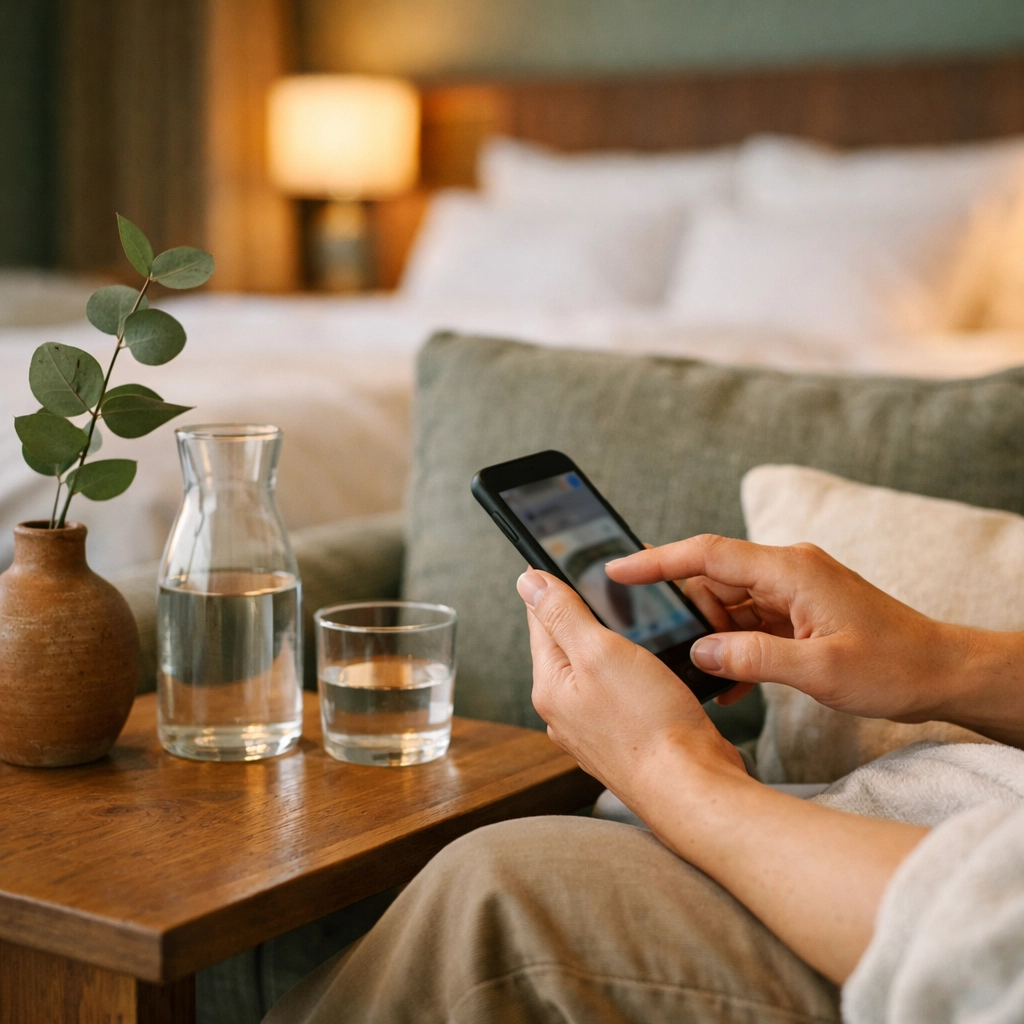 Hotel guest using a smartphone for self-check-in and personalized guest experience automation.