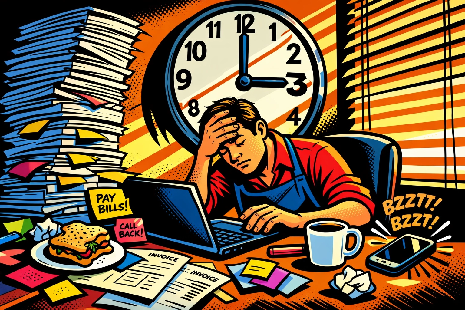 Overwhelmed small business owner struggling with admin tasks and a cluttered desk at 3 PM.