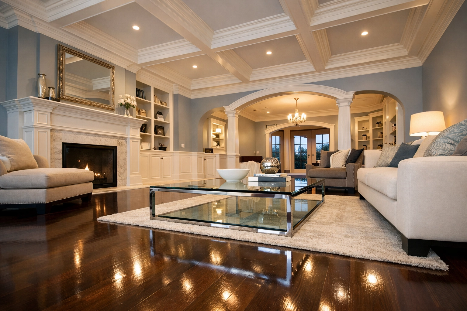 Professional cleaners Weston MA providing deep cleaning for a grand living room with polished hardwood floors.