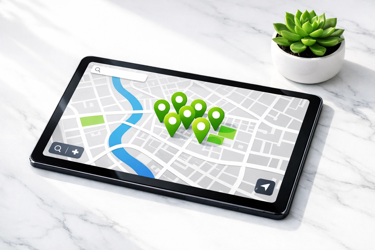 Tablet displaying local map pins to illustrate targeted neighbourhood searches and local SEO.