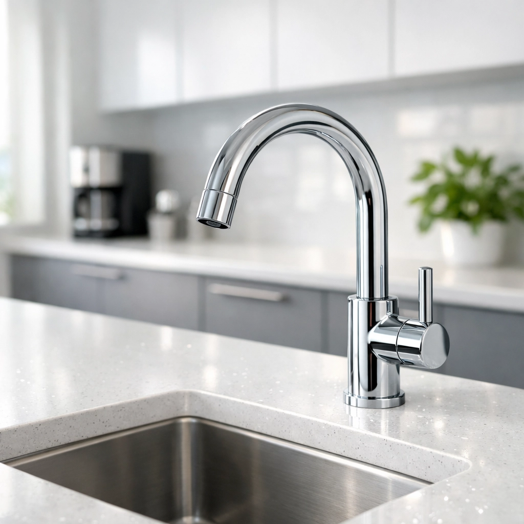 Sanitized modern office breakroom with a sparkling chrome faucet and clean quartz countertops in Chicago.