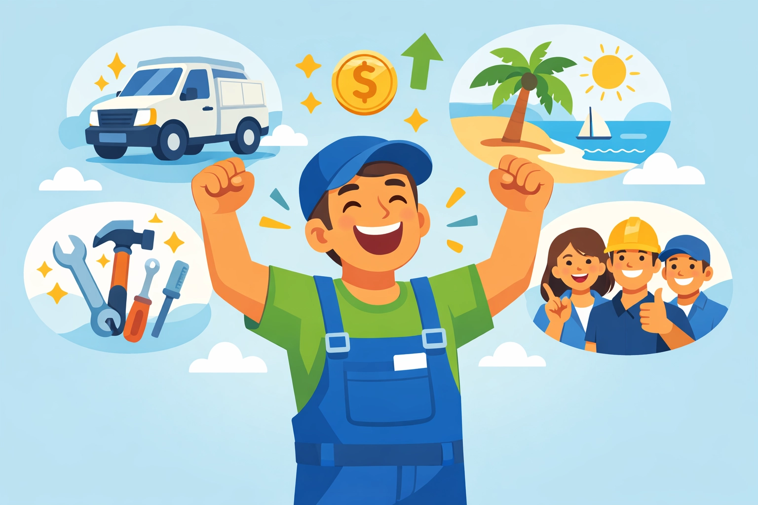 Contractor celebrating business growth and success from field service software savings