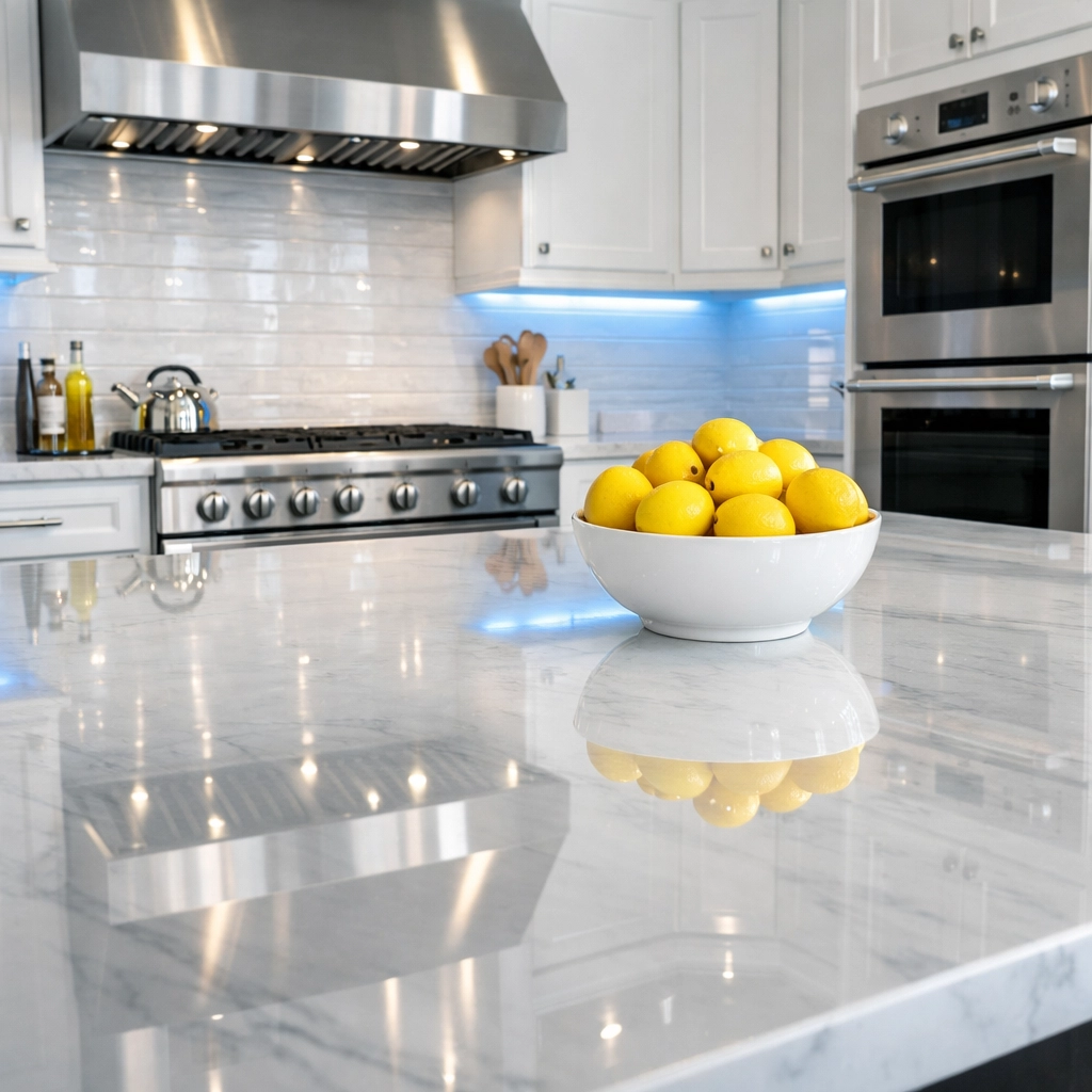 Spotless gourmet kitchen with marble island and stainless steel appliances maintained by Hingham Luxury Cleaning.