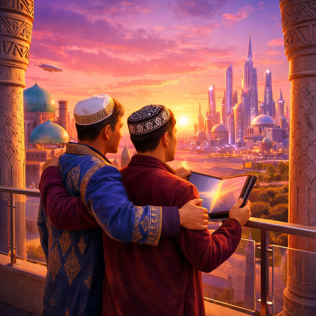 A queer couple overlooking a futuristic horizon, symbolizing the growth of MM romance and Afghan gay literature.