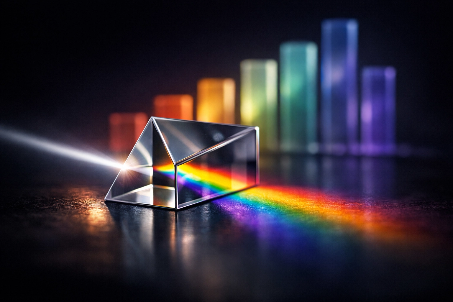 Multi-channel digital marketing strategy represented by light refracting into rising performance graphs.