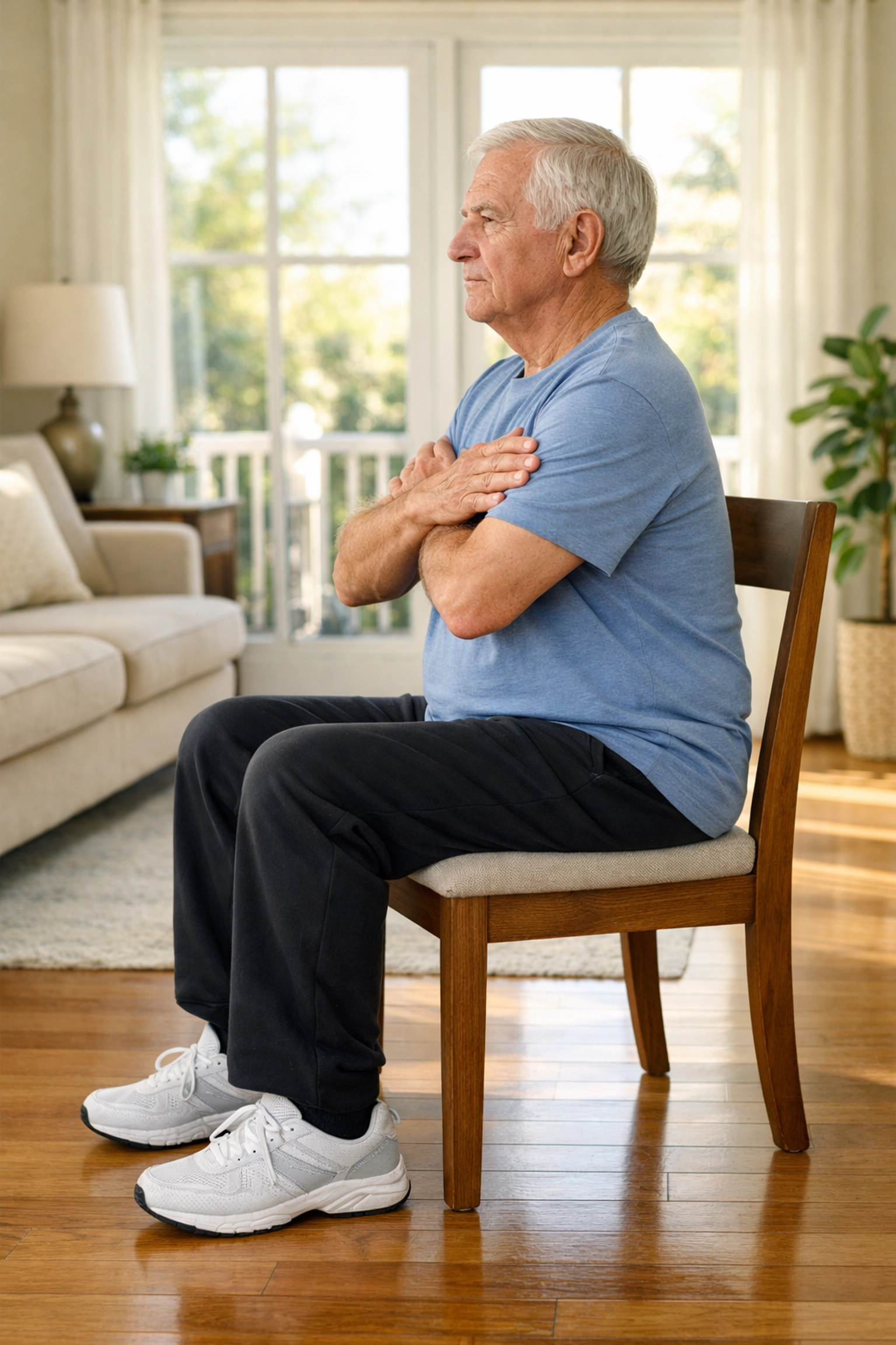 Senior man performing a sit-to-stand mobility test to assess leg strength and fall risk at home.