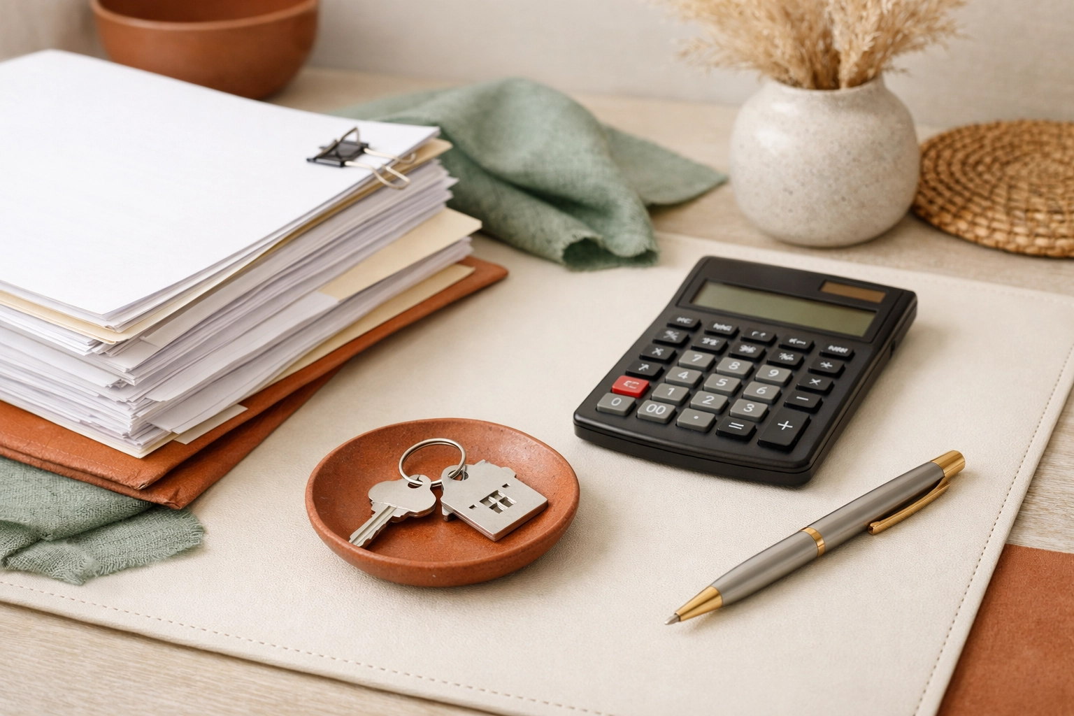 Organized financial documents with calculator and house key on a cream desk with sage and terracotta accents for Virginia divorce planning.
