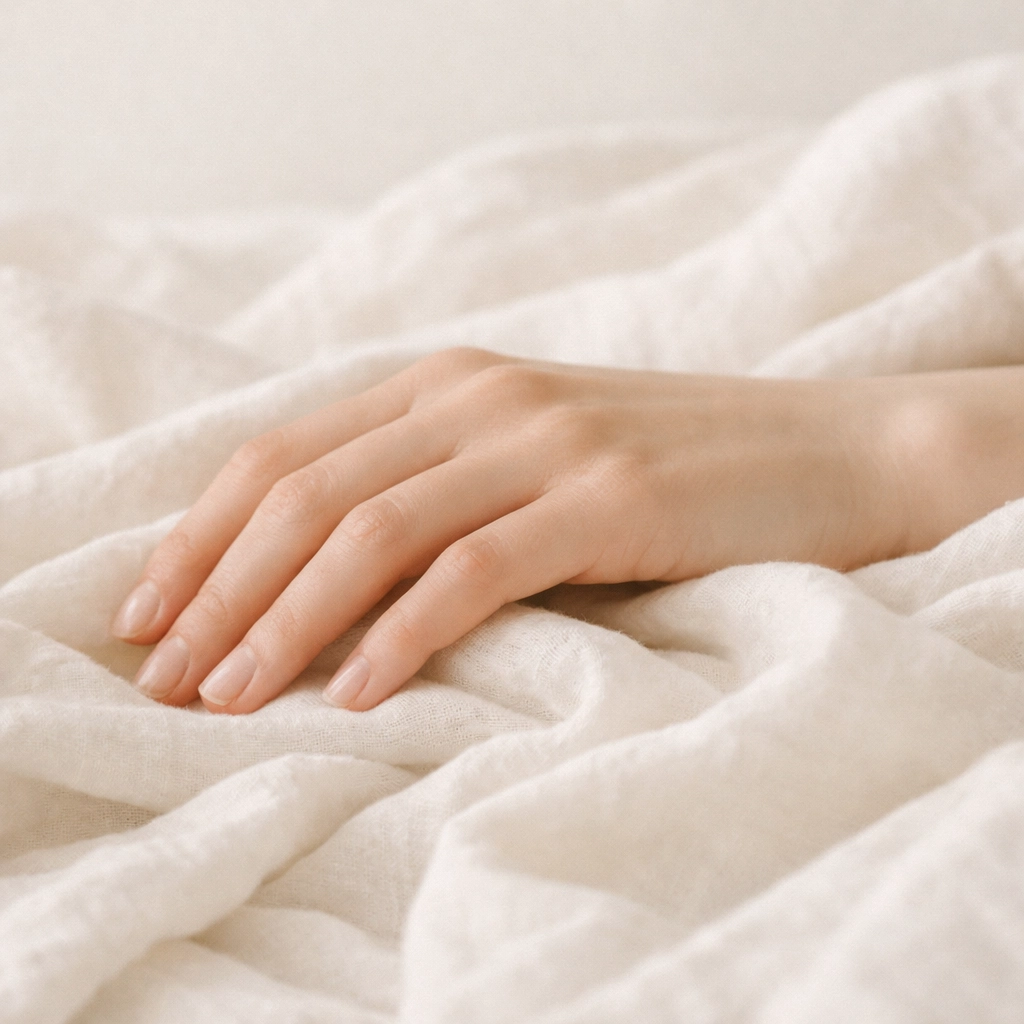 A close-up of a woman's hand on soft linen, representing physical relaxation and tension release from female pleasure.