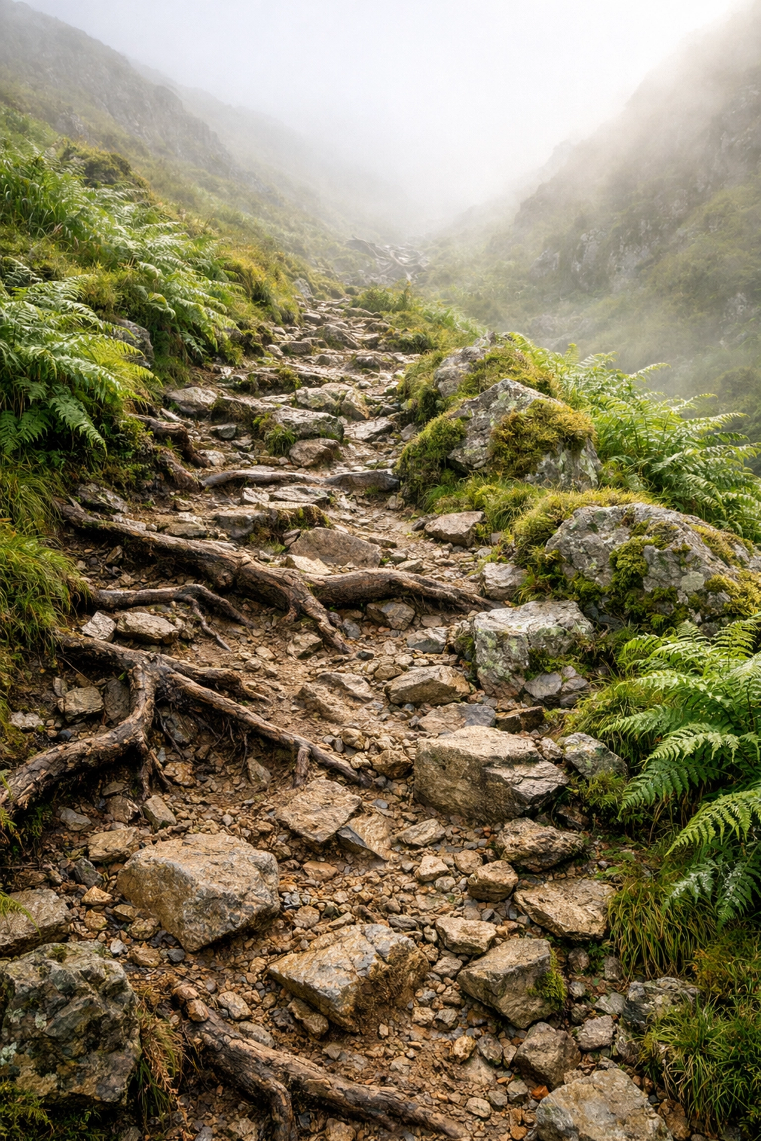 Steep rocky trail winding up misty Lake District fell showing challenging UK hiking terrain