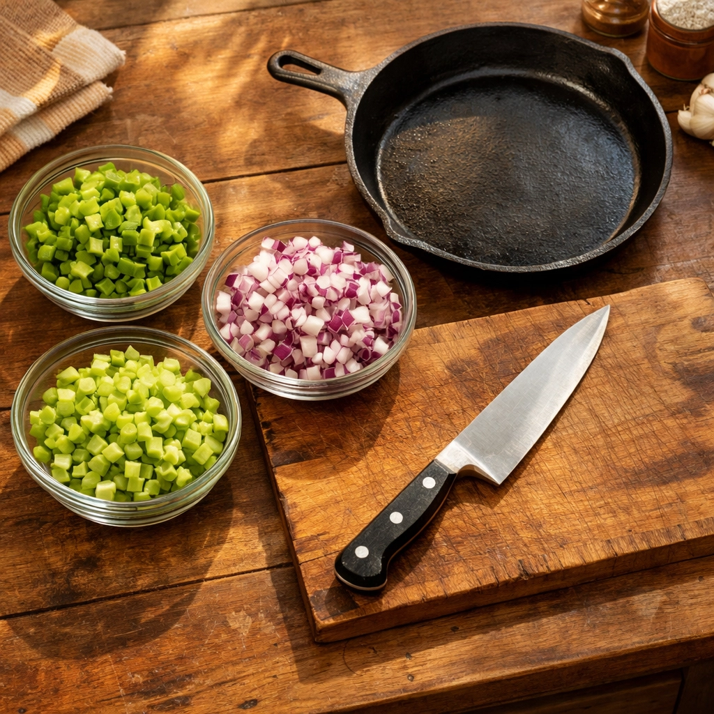 Freshly chopped vegetables and a cast-iron skillet on a rustic kitchen island for meal preparation.