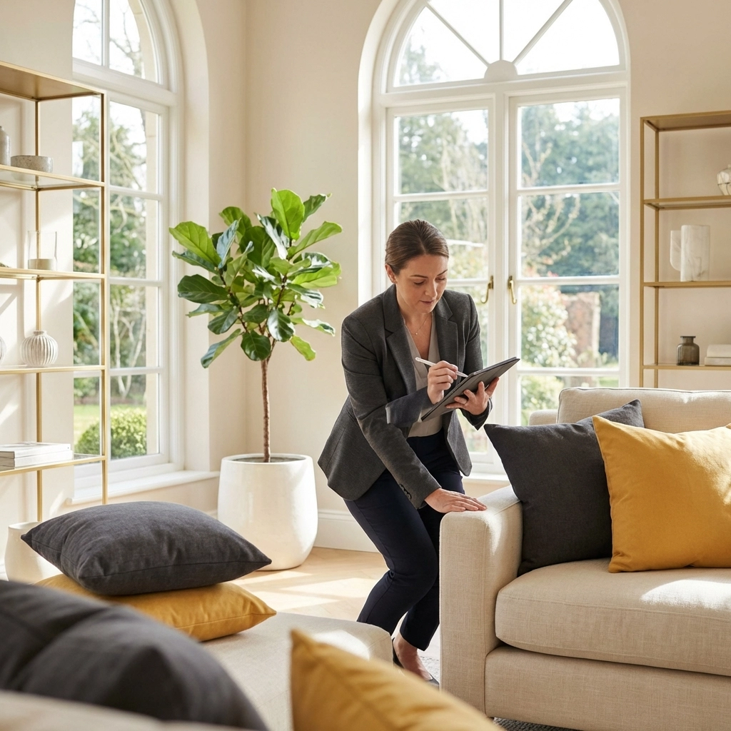 Independent inventory clerk documenting rental property condition in a bright, organised living room for impartial reporting.