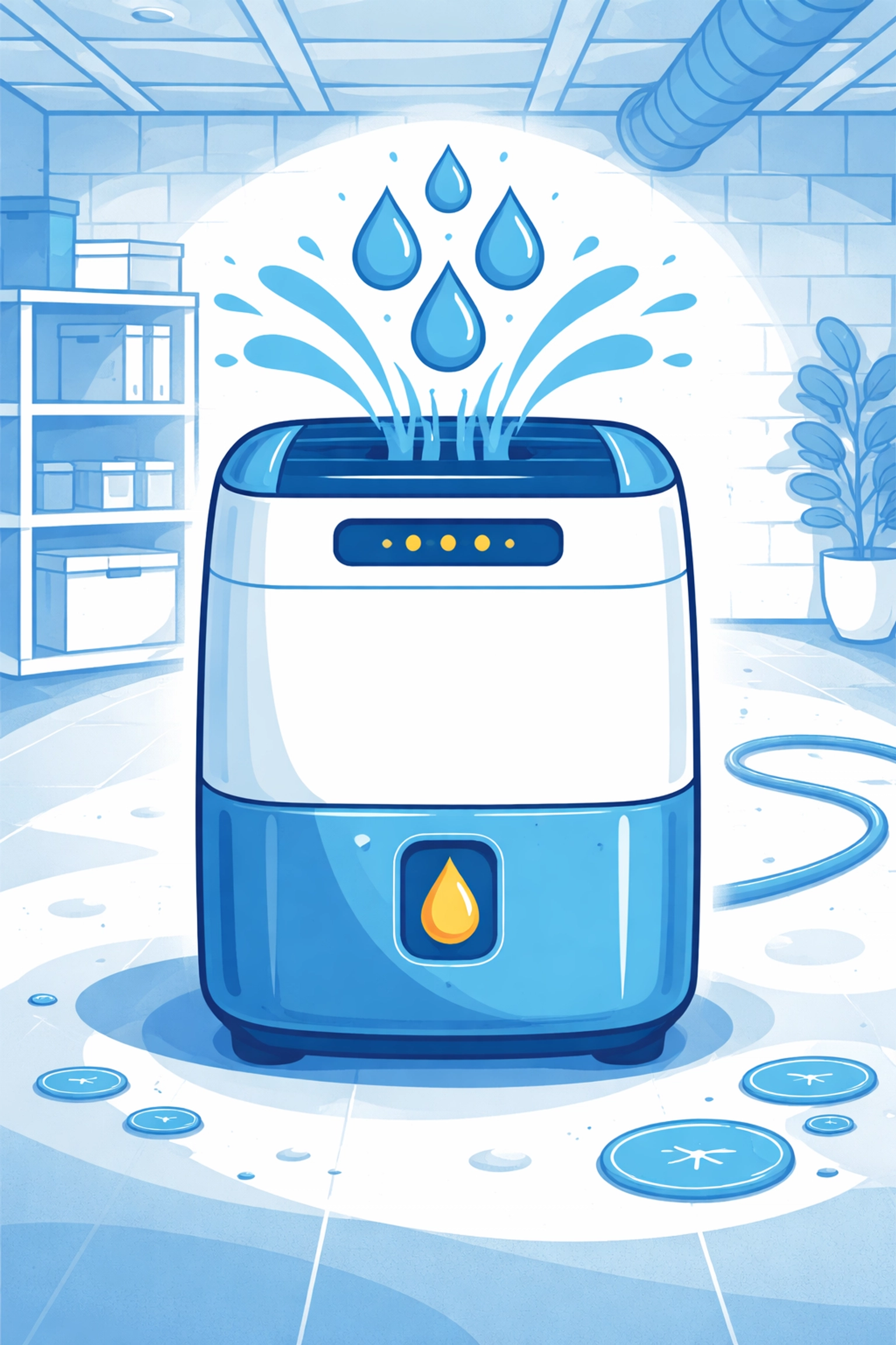 Minimalist illustration of a dehumidifier extracting moisture in a basement, demonstrating key equipment for water damage and mold control.
