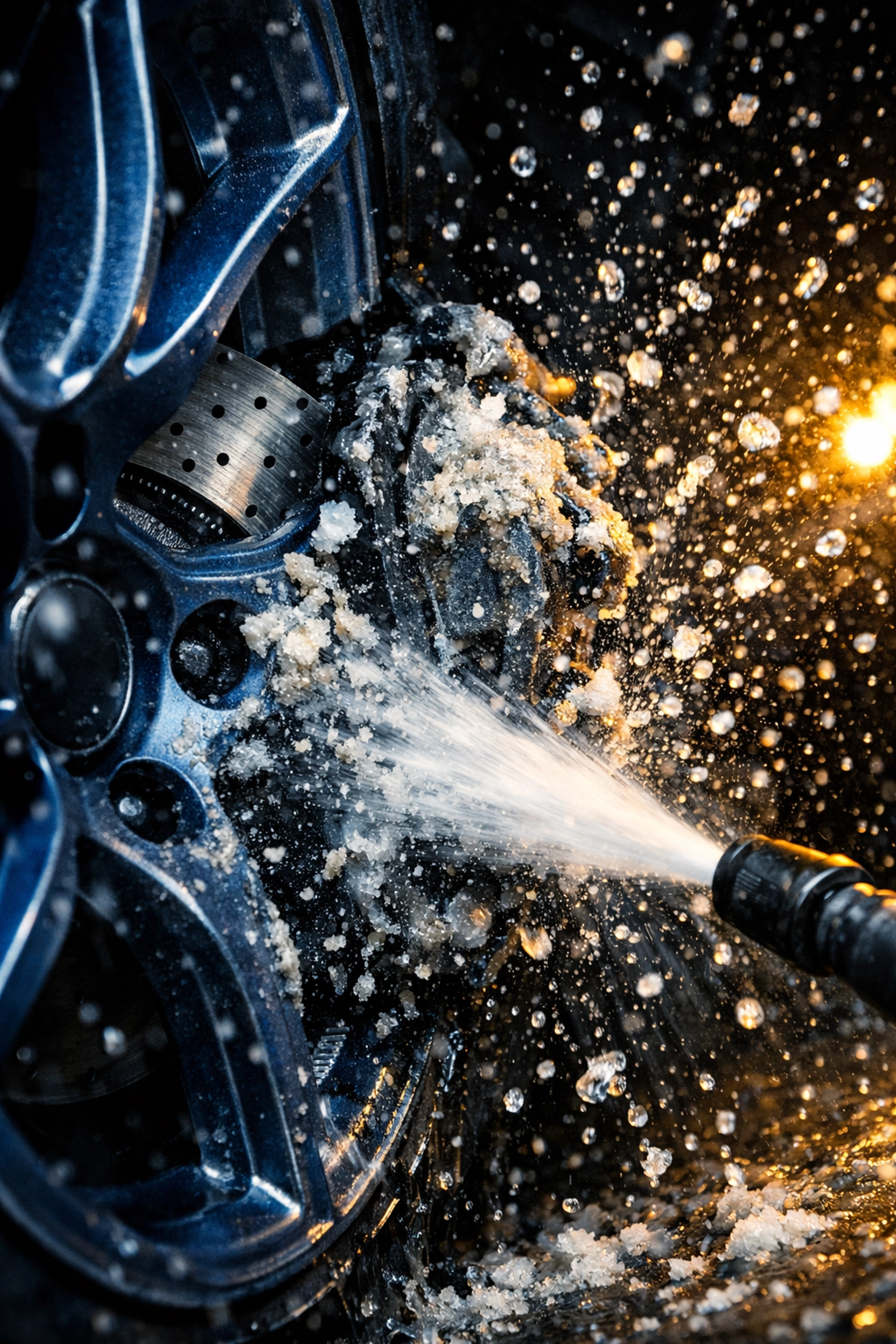 Cleaning coastal salt and sand off a car brake caliper with high-pressure water to prevent brake repair in Venice FL.
