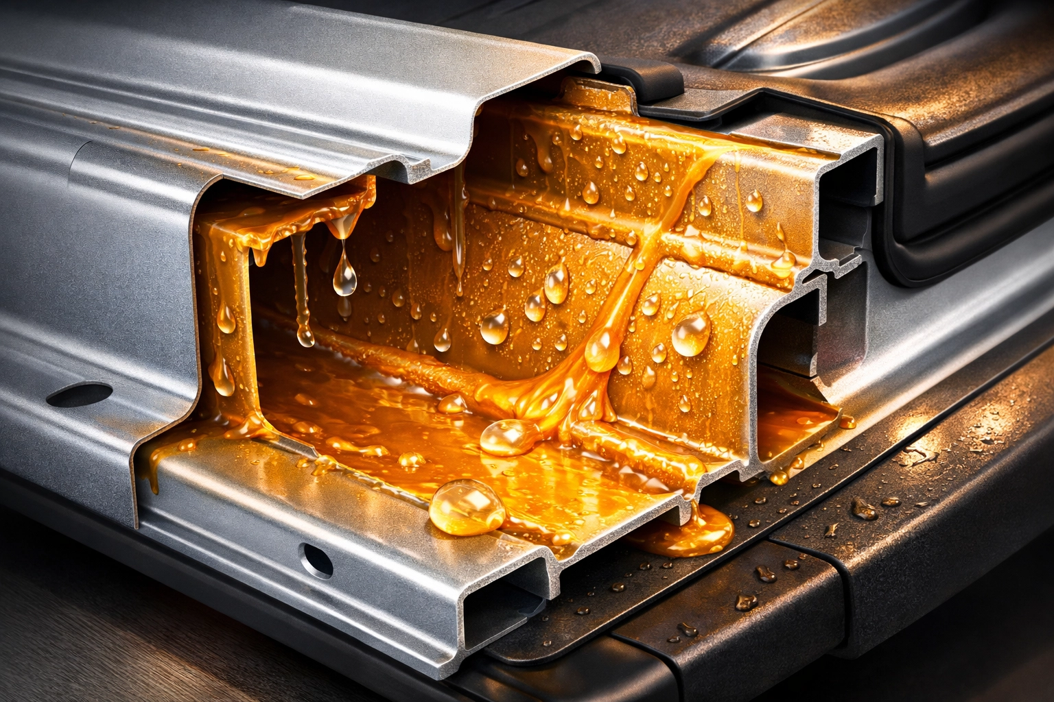 Internal view of protective cavity wax being applied to a vehicle's box section for deep rust prevention.