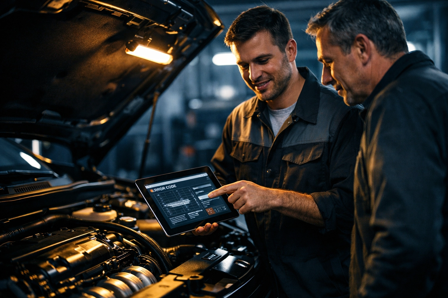 Local mechanic discussing engine diagnostics and auto repair in Venice FL with a customer over an open car hood.