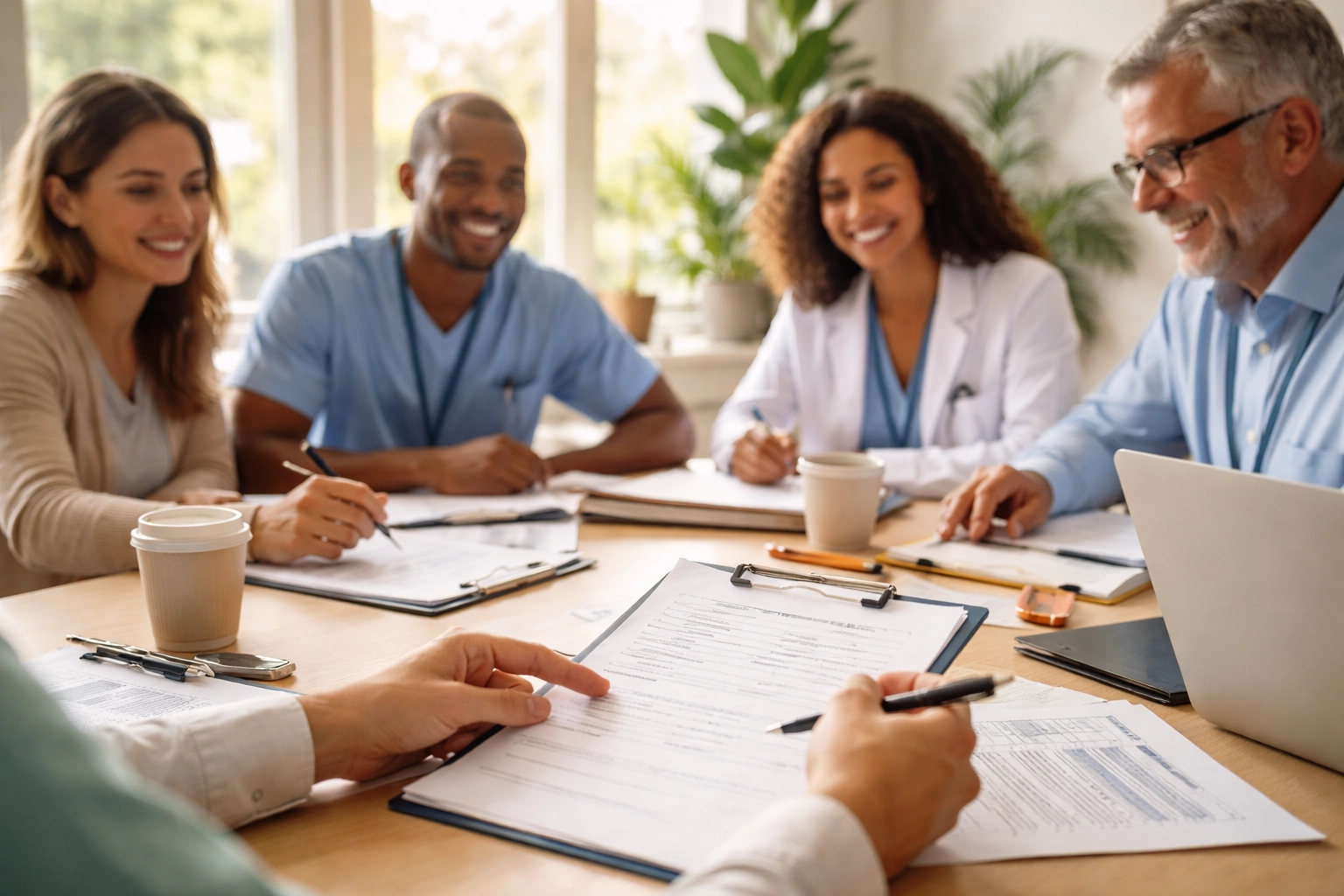 Behavioral health team meeting in a clinic conference room preparing for 2026 accreditation and policy reviews