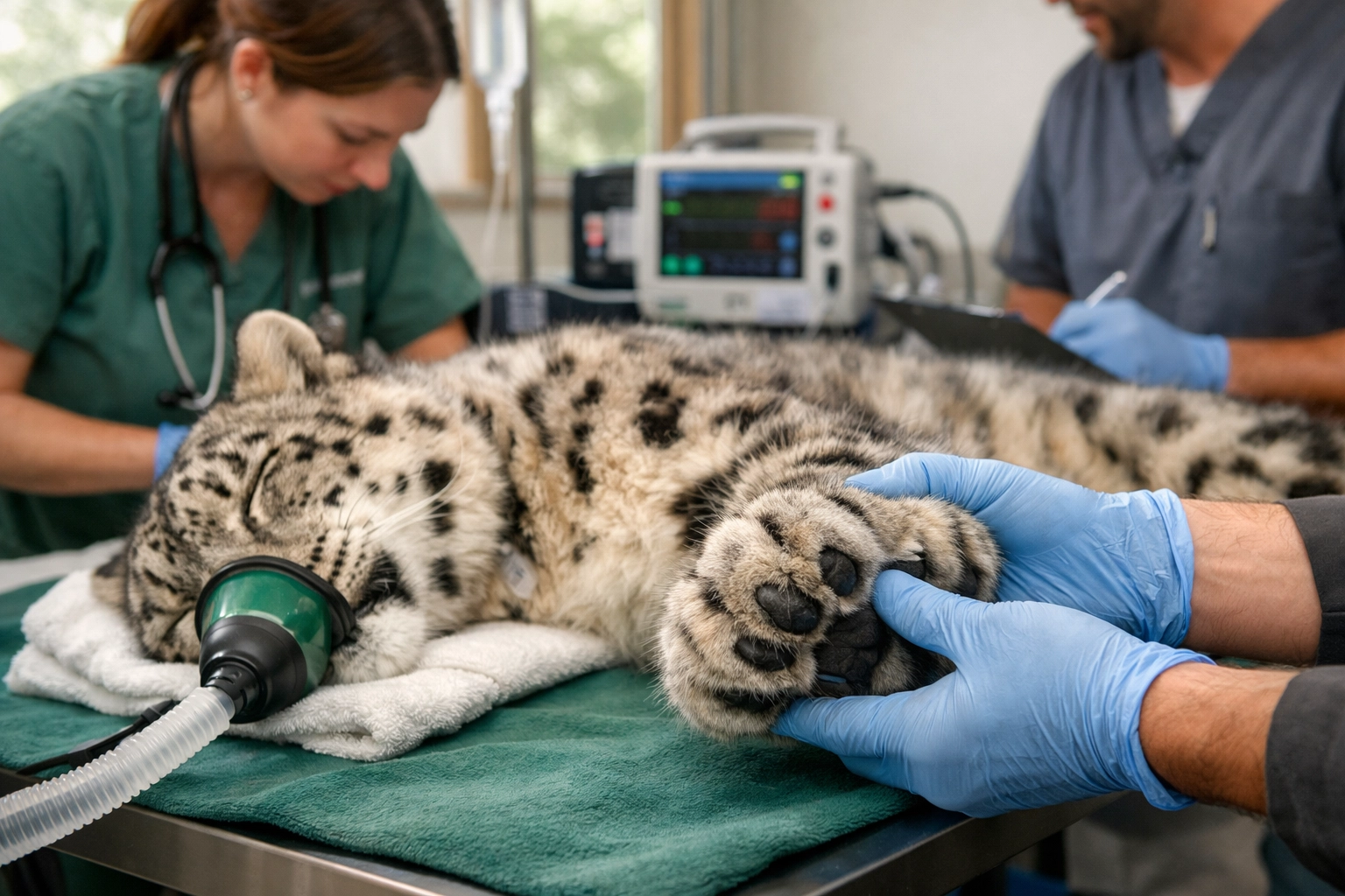 Veterinary team performing a health check on a snow leopard, highlighting authentic animal care.