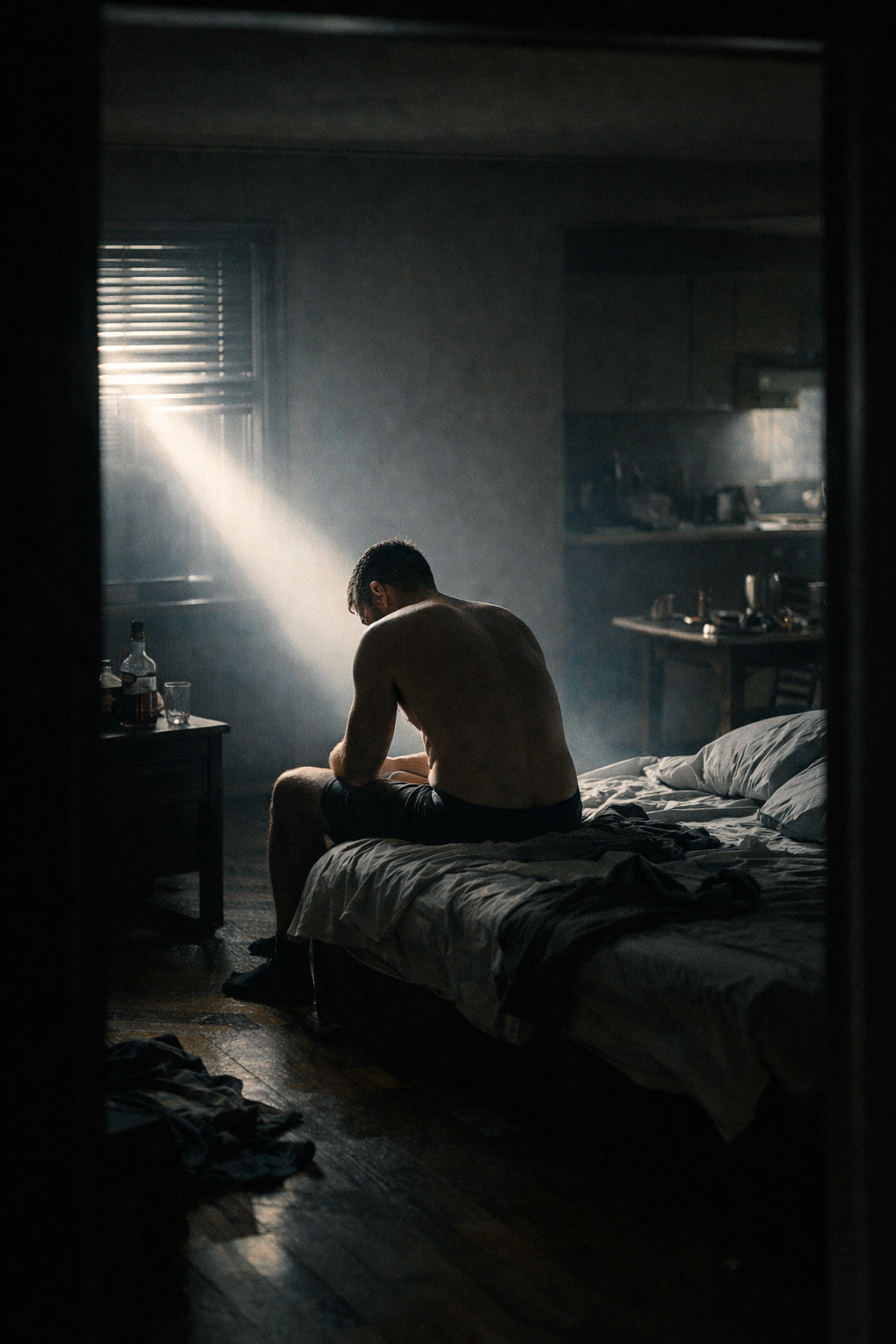 A solitary gay man sitting on a bed in morning light, showing the emotional isolation after a party weekend.
