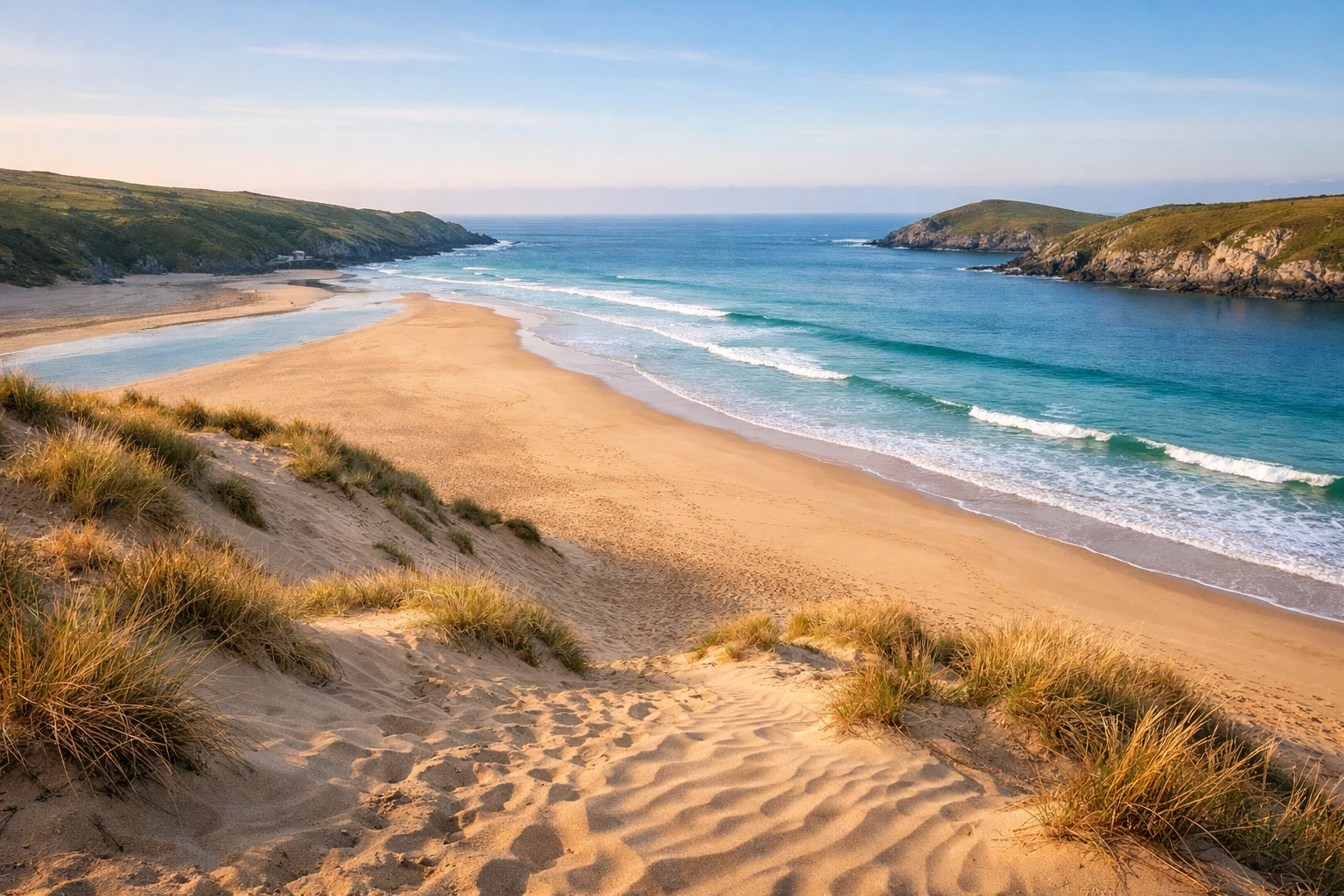 Scenic golden sand dunes at Crantock Beach in Cornwall, an ideal location for scattering ashes.