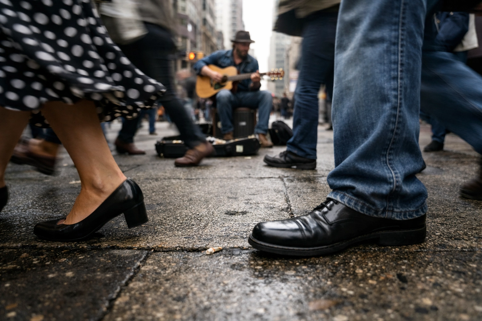 A candid street photography hip shot of commuters walking on a gritty urban sidewalk.