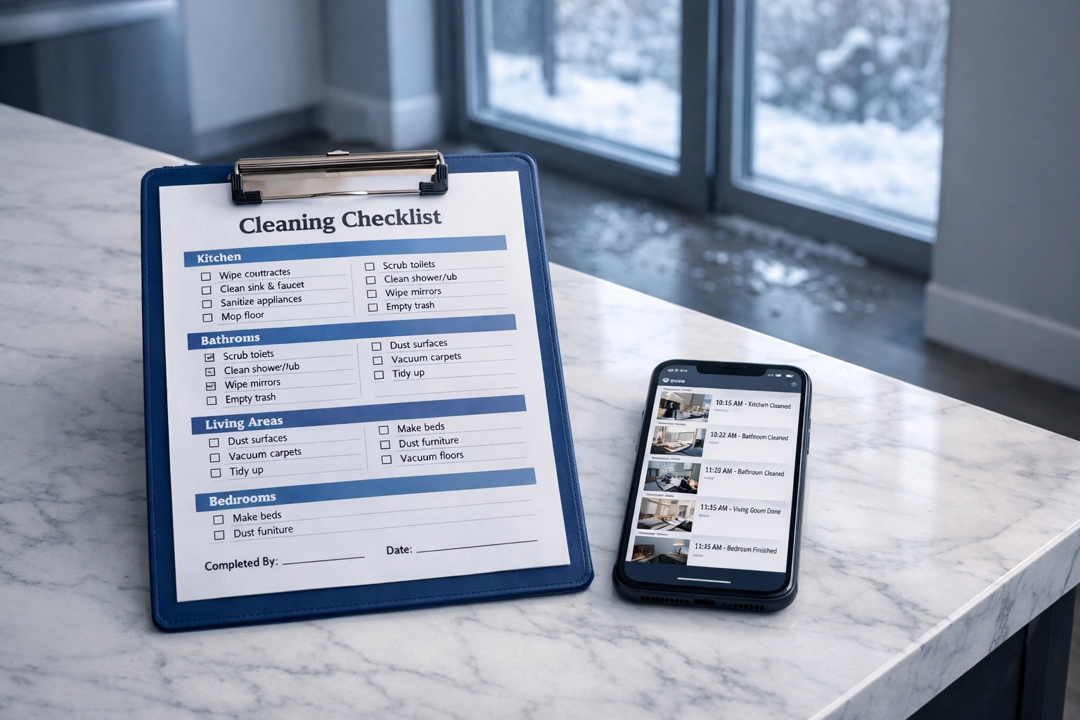 Digital cleaning checklist and smartphone with photos on apartment kitchen counter