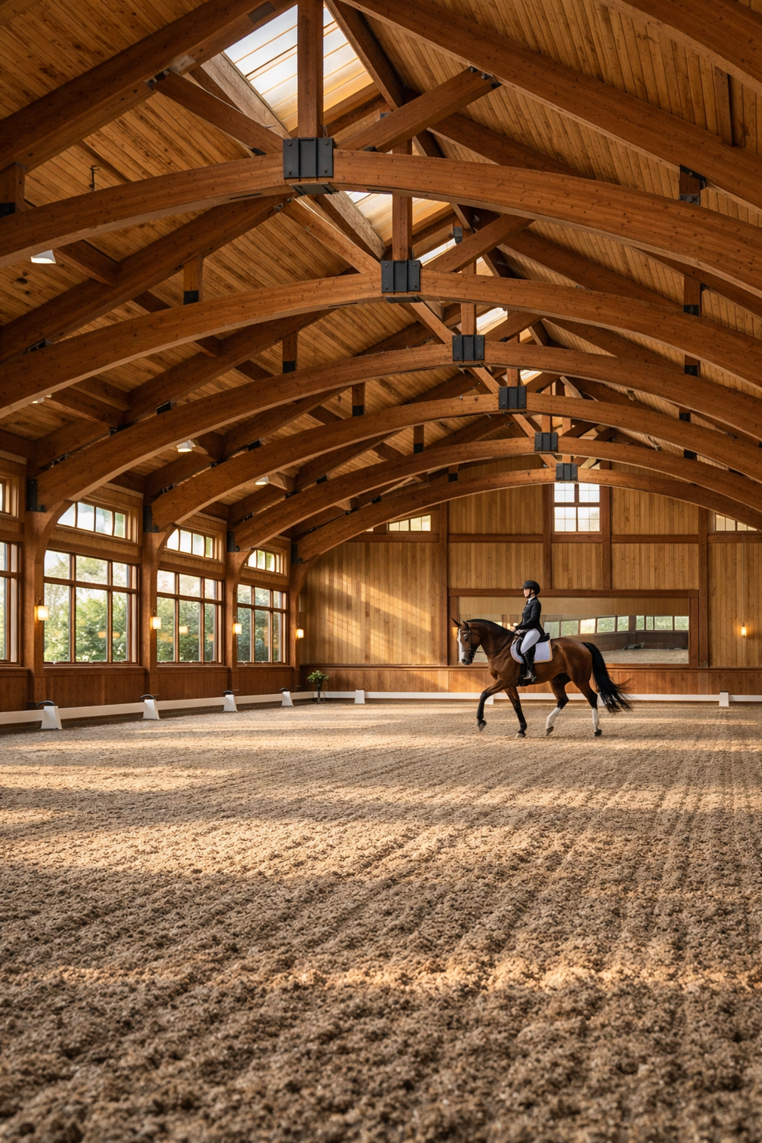 Modern indoor riding arena with timber beams for Charlotte area equestrian properties
