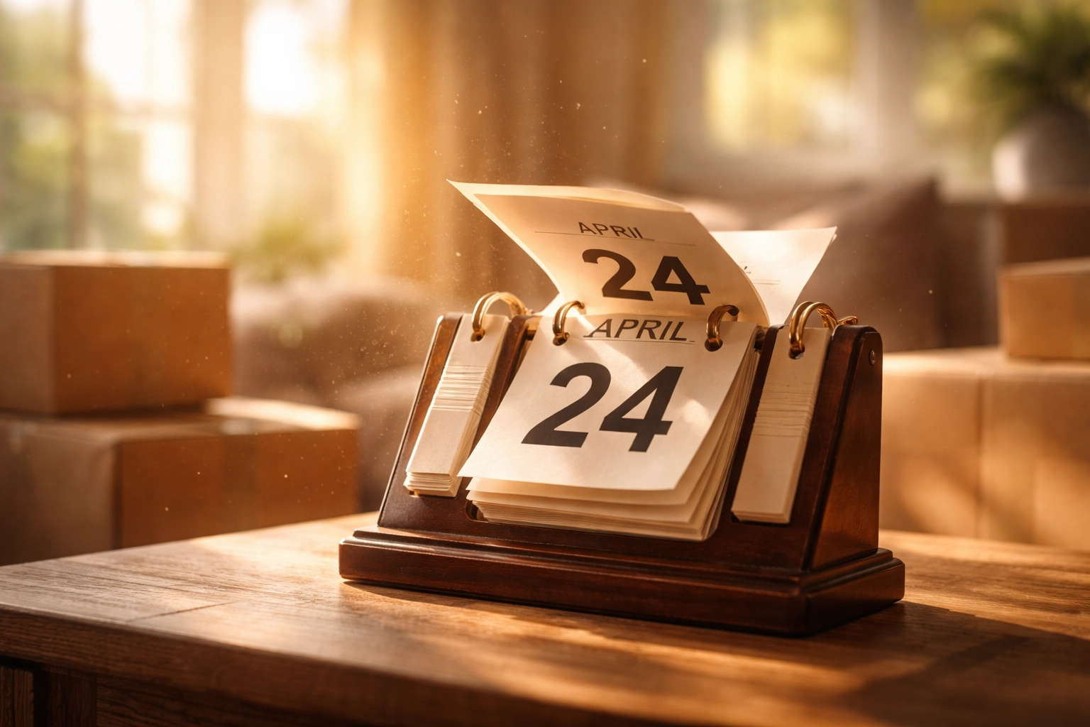 Sunlit living room with moving boxes and a vintage desk calendar, representing the importance of early home cleanout planning in Columbus, Ohio