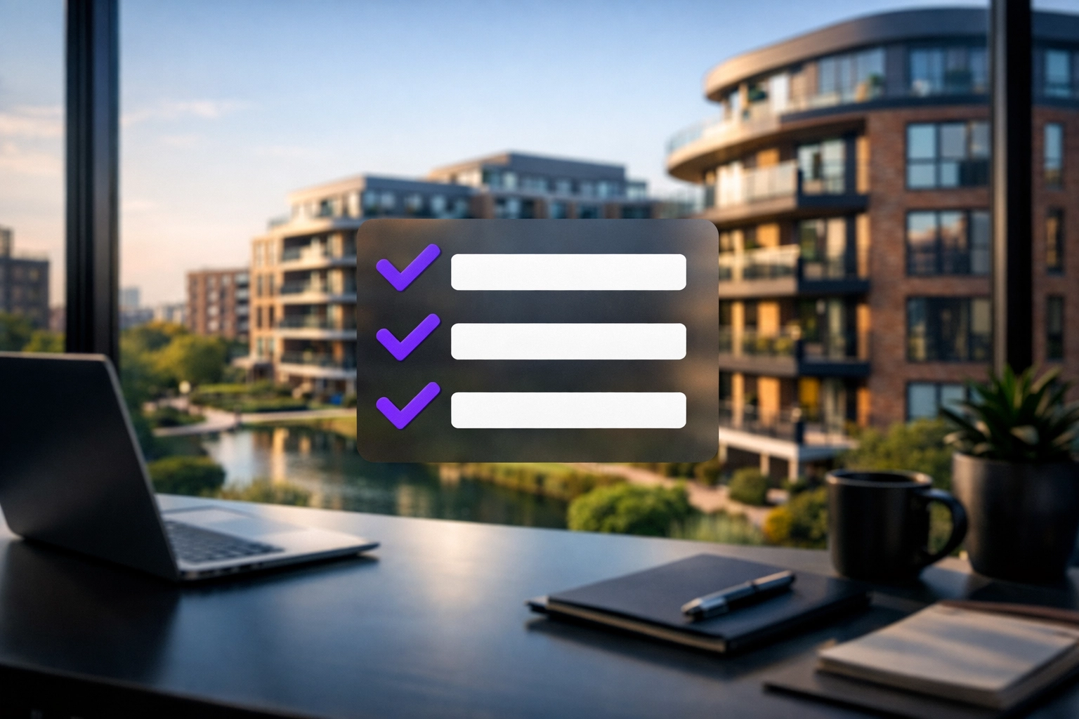A professional workspace overlooking Essex apartments with a management selection checklist for freeholders.