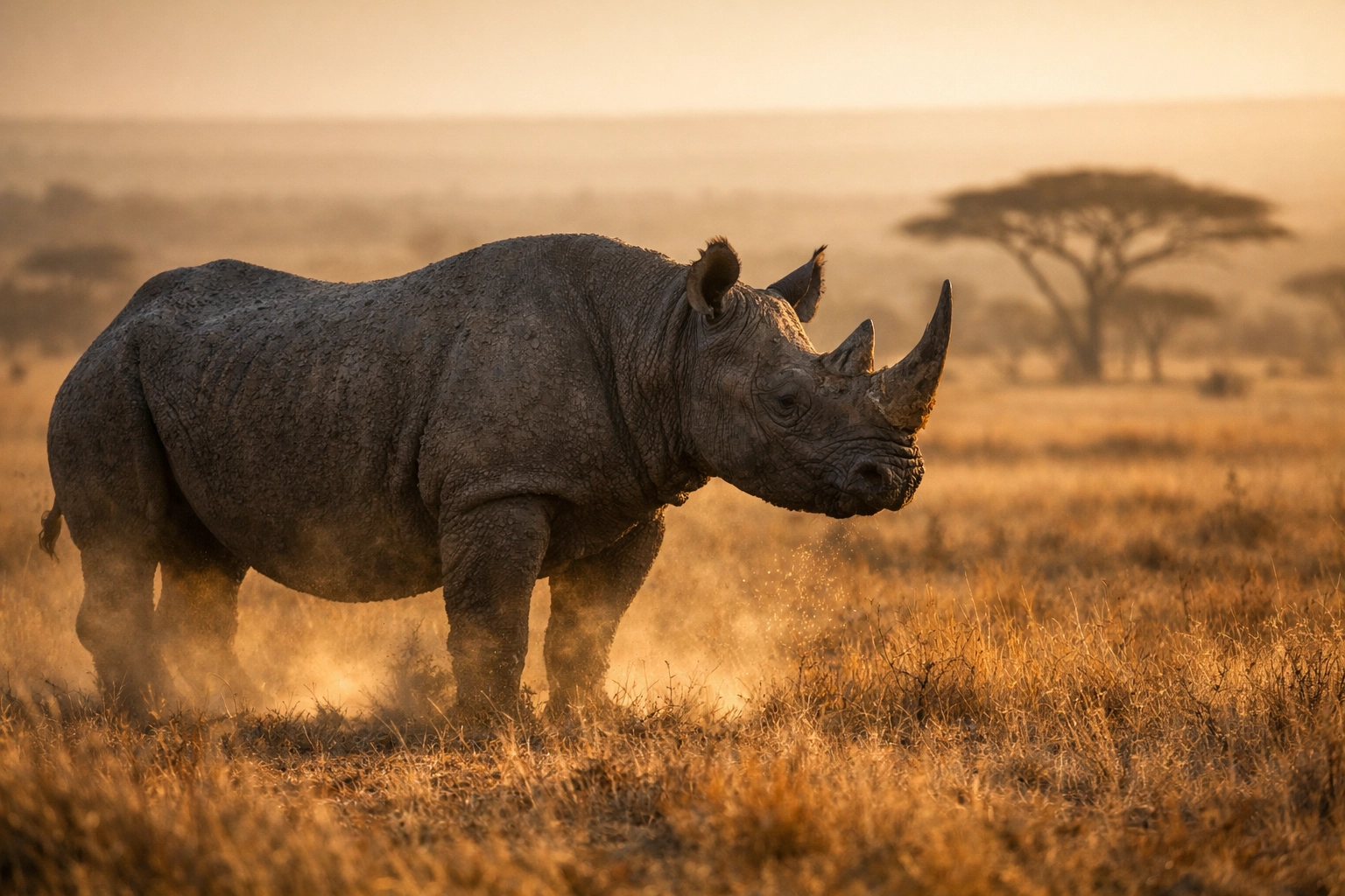 Black rhino in the savannah, highlighting successful wildlife protection and anti-poaching conservation stories.