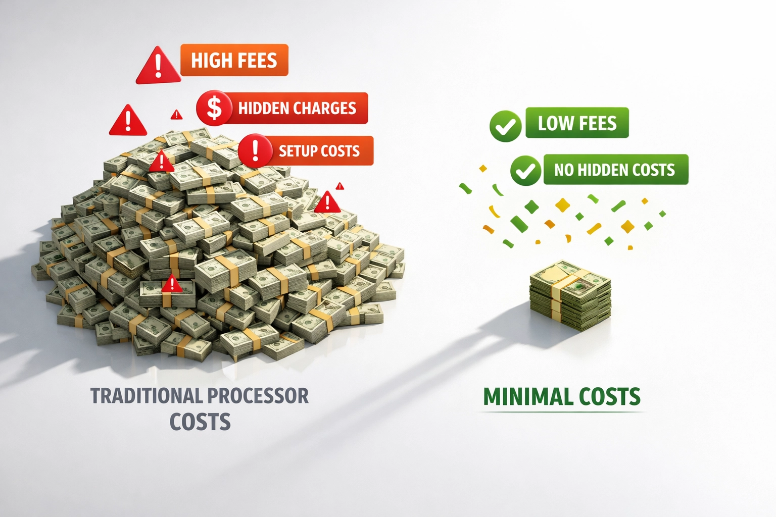 Cost comparison showing massive traditional crypto processor fees versus minimal Larecoin costs