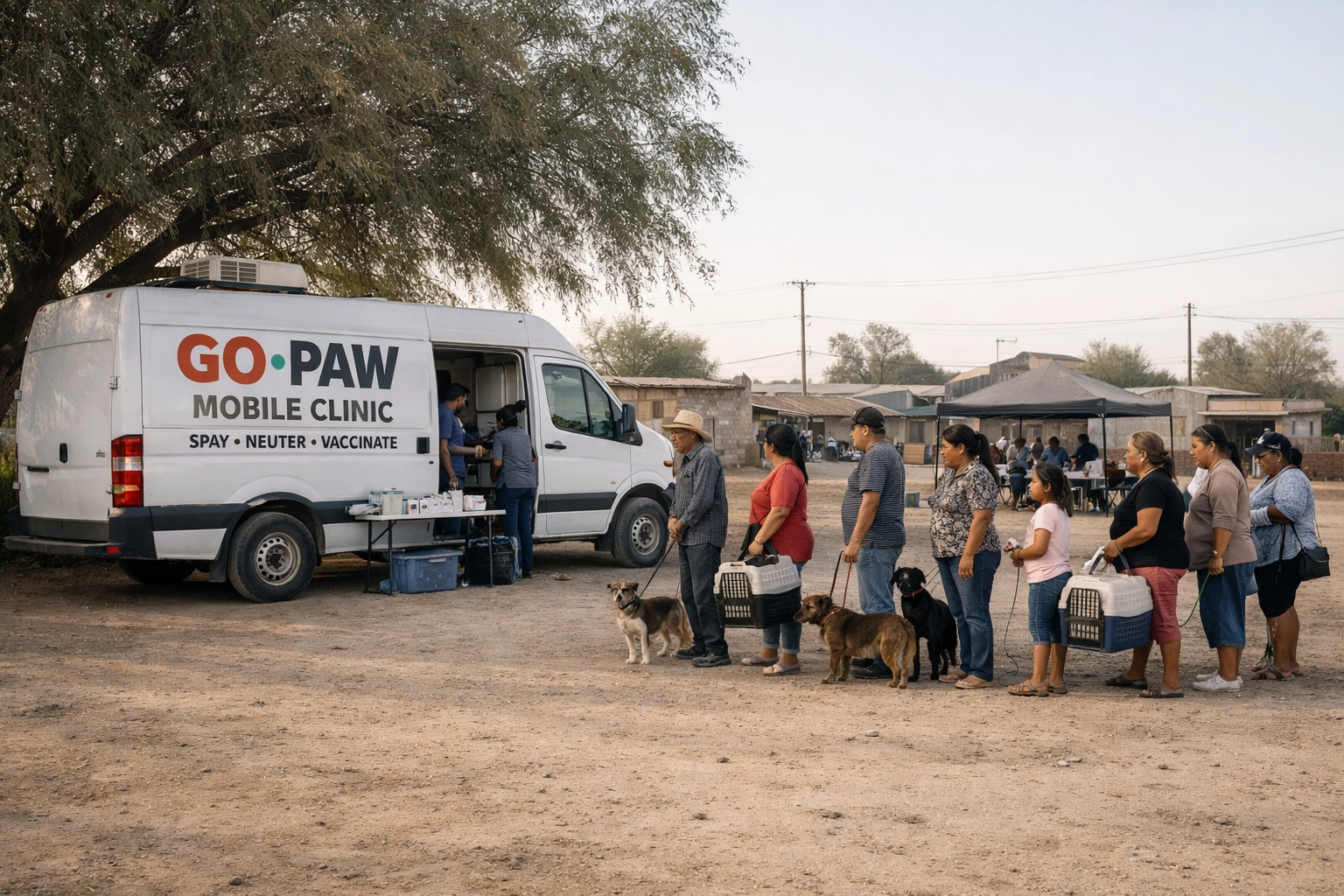 Residents wait with their pets for low-cost services at a GO-PAW mobile veterinary clinic in a community square.