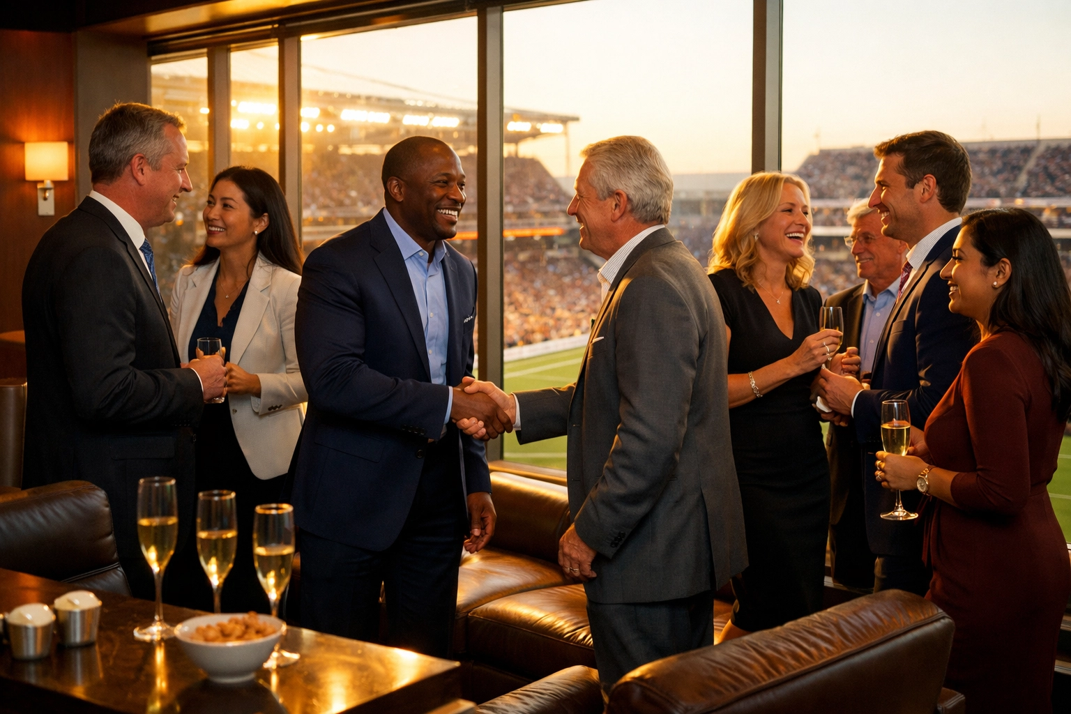 NEWSLETTER: The Proven Framework for Super Bowl Executive Networking: Turn 4 Hours Into 6 Months of Business Opportunities Business executives networking in luxury Super Bowl suite with stadium views