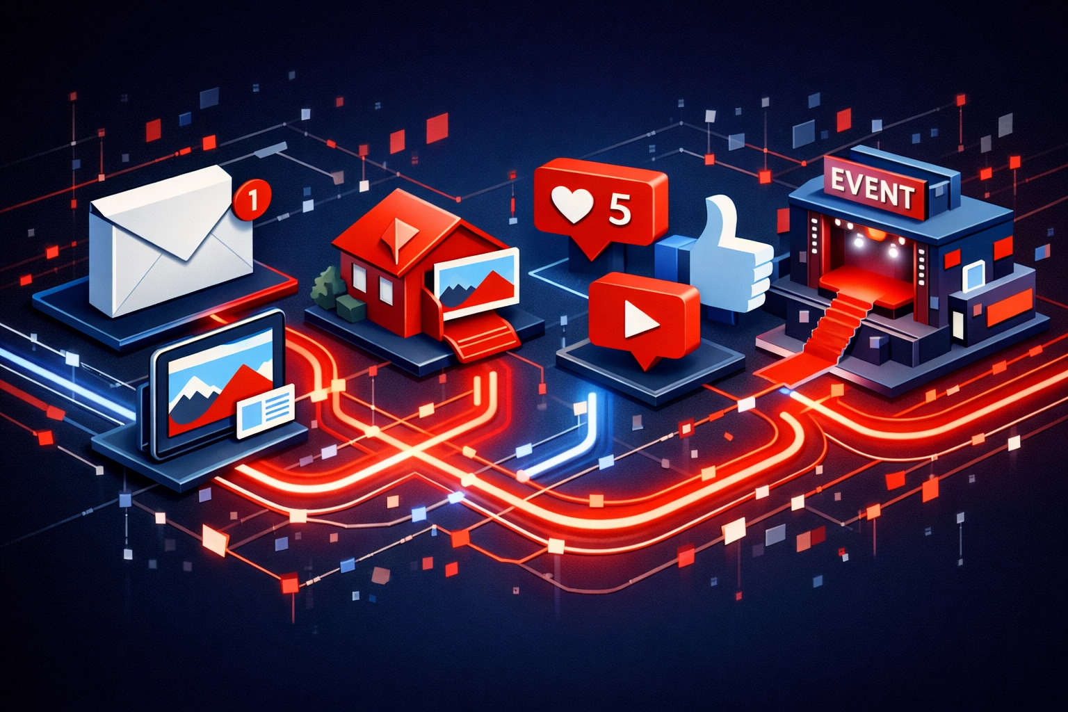 Integrated marketing channels connecting email, social media, and events for lead generation