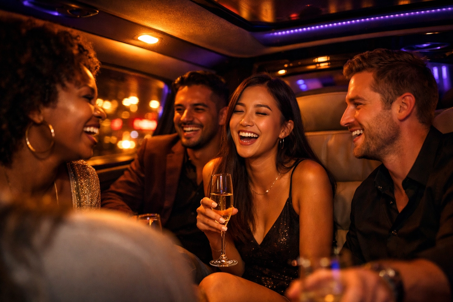 Friends enjoying the upscale interior and mood lighting of a luxury event shuttle.