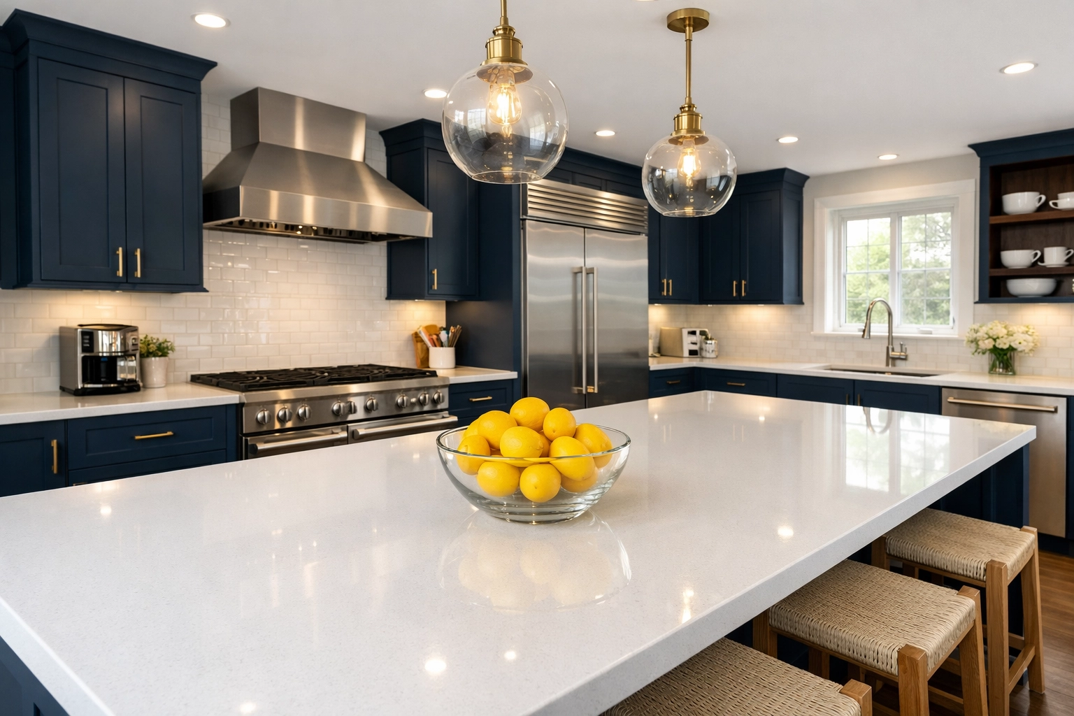 Spotless modern Marblehead kitchen with white quartz countertops and luxury professional cleaning.