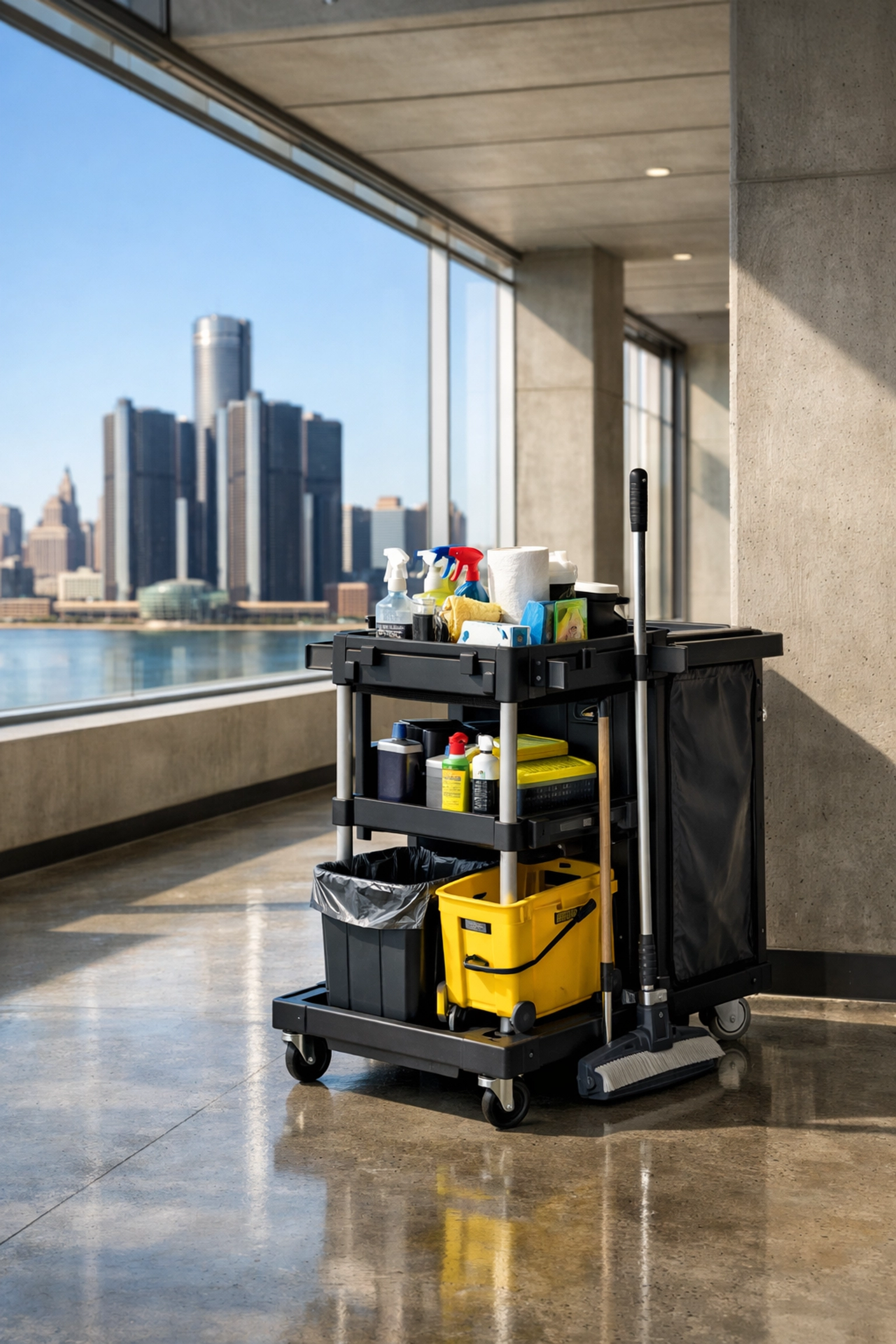 Professional janitorial cart in a bright Detroit office hallway representing expert move-out cleaning services.