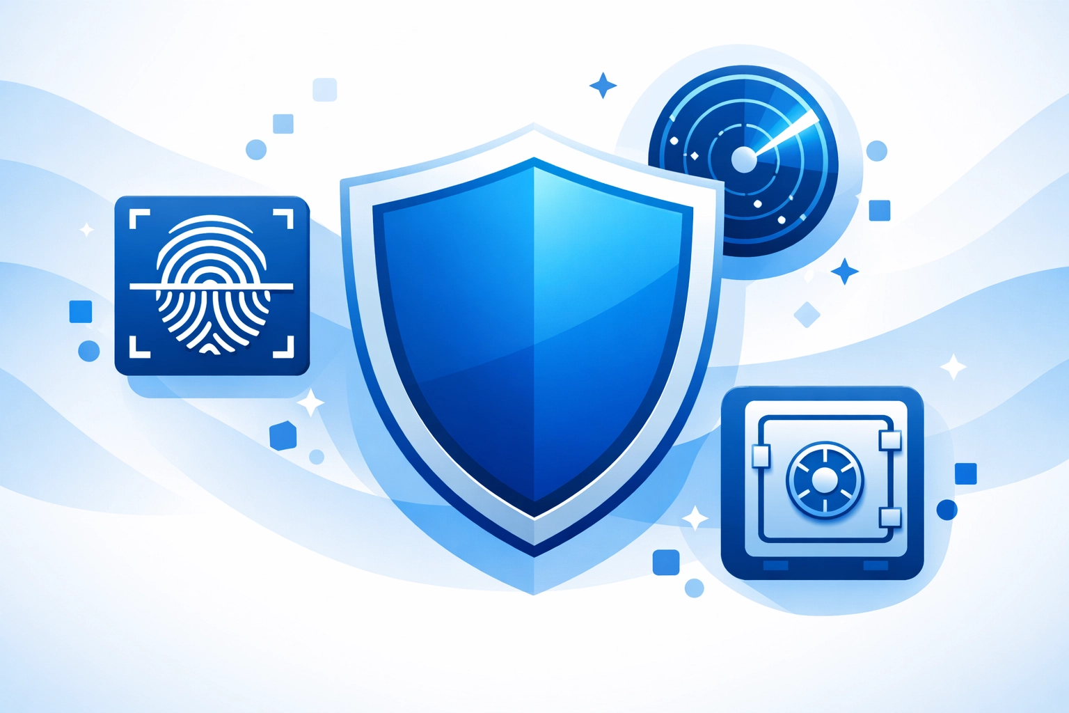 Blue digital shield with icons for MFA and data backups representing mandatory cyber security controls