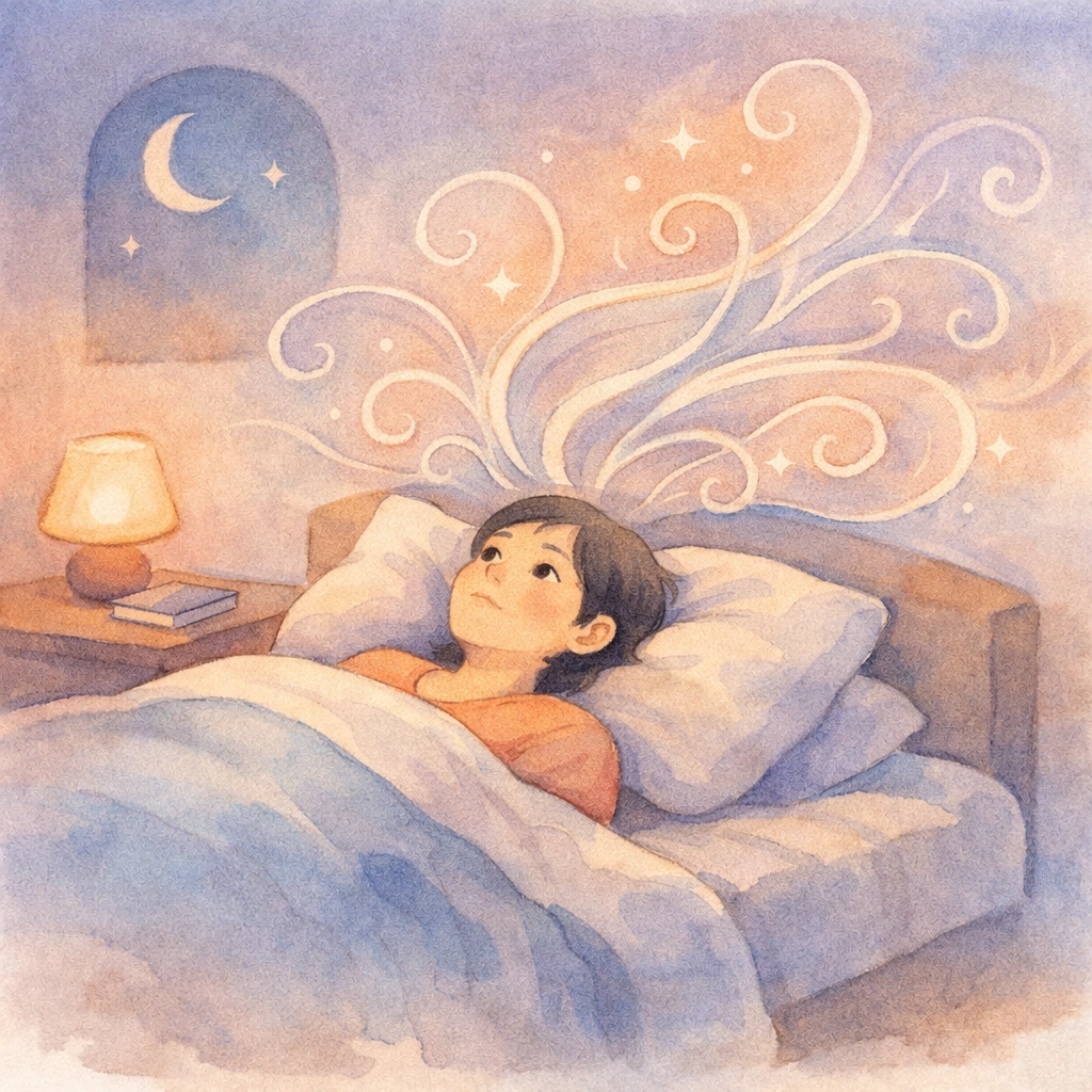 Person lying awake at night with racing thoughts illustrating anxiety and overthinking patterns