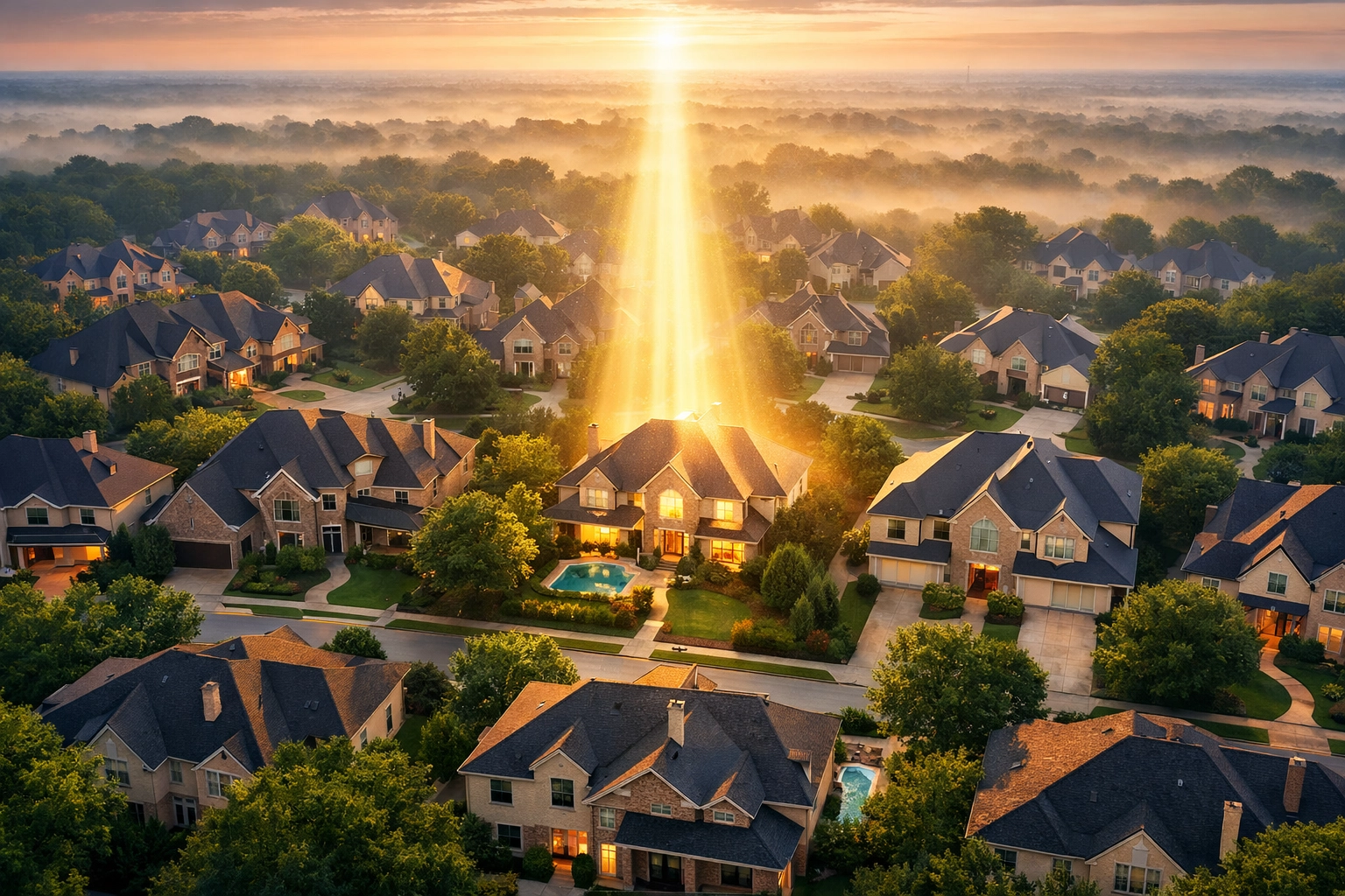 Drone view of suburban homes highlighting successful lead generation and local roofing market authority.