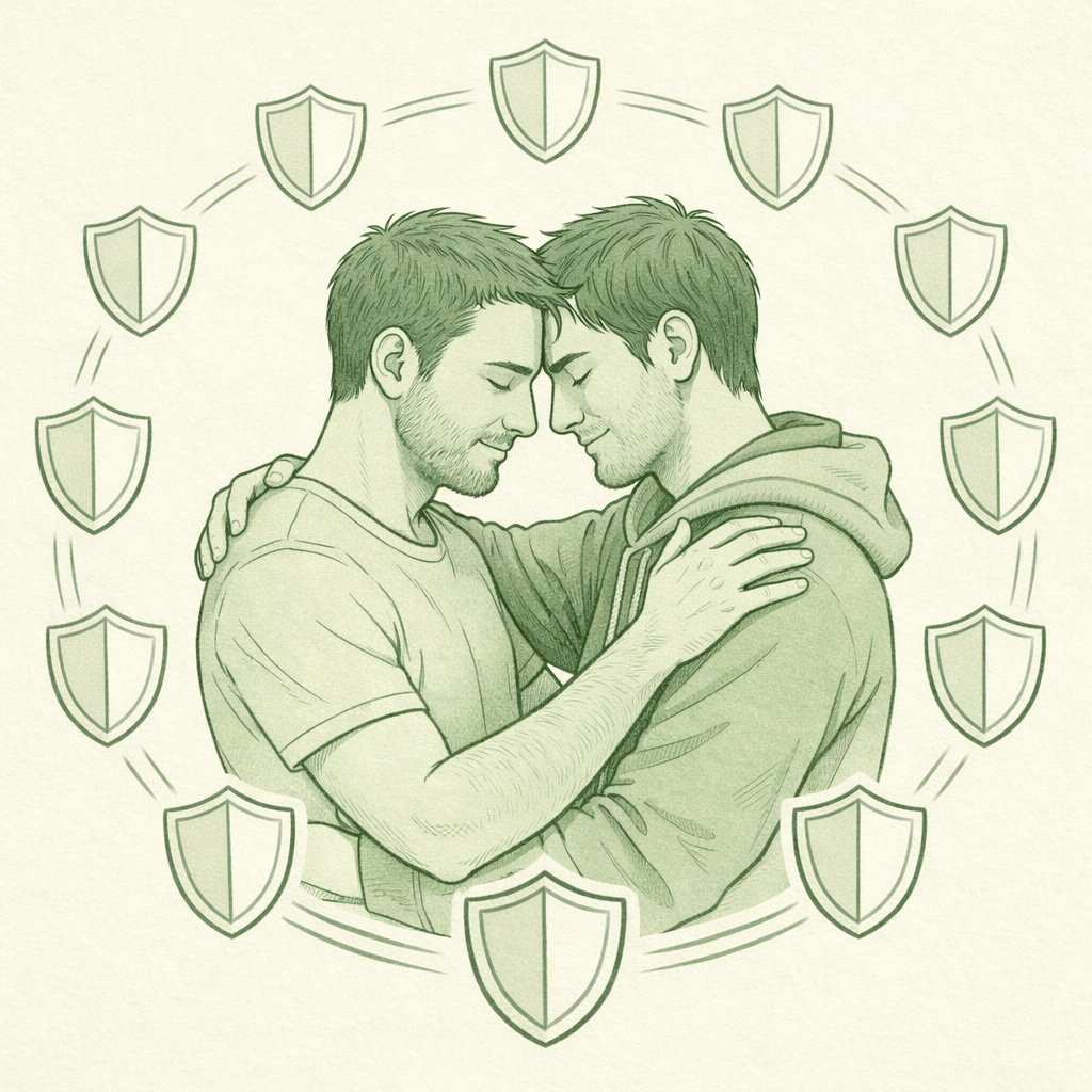 LGBTQ+ couple embraced in protective digital shield representing community safety and support