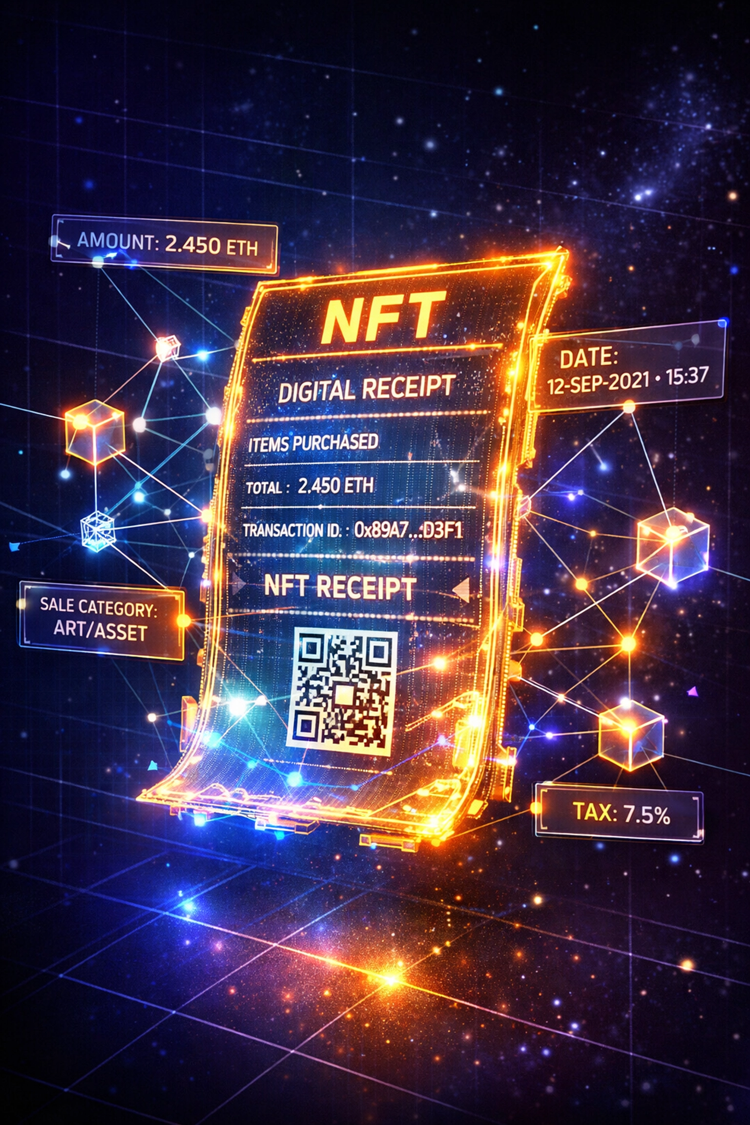 NFT receipt with blockchain transaction data and tax metadata for merchant accounting
