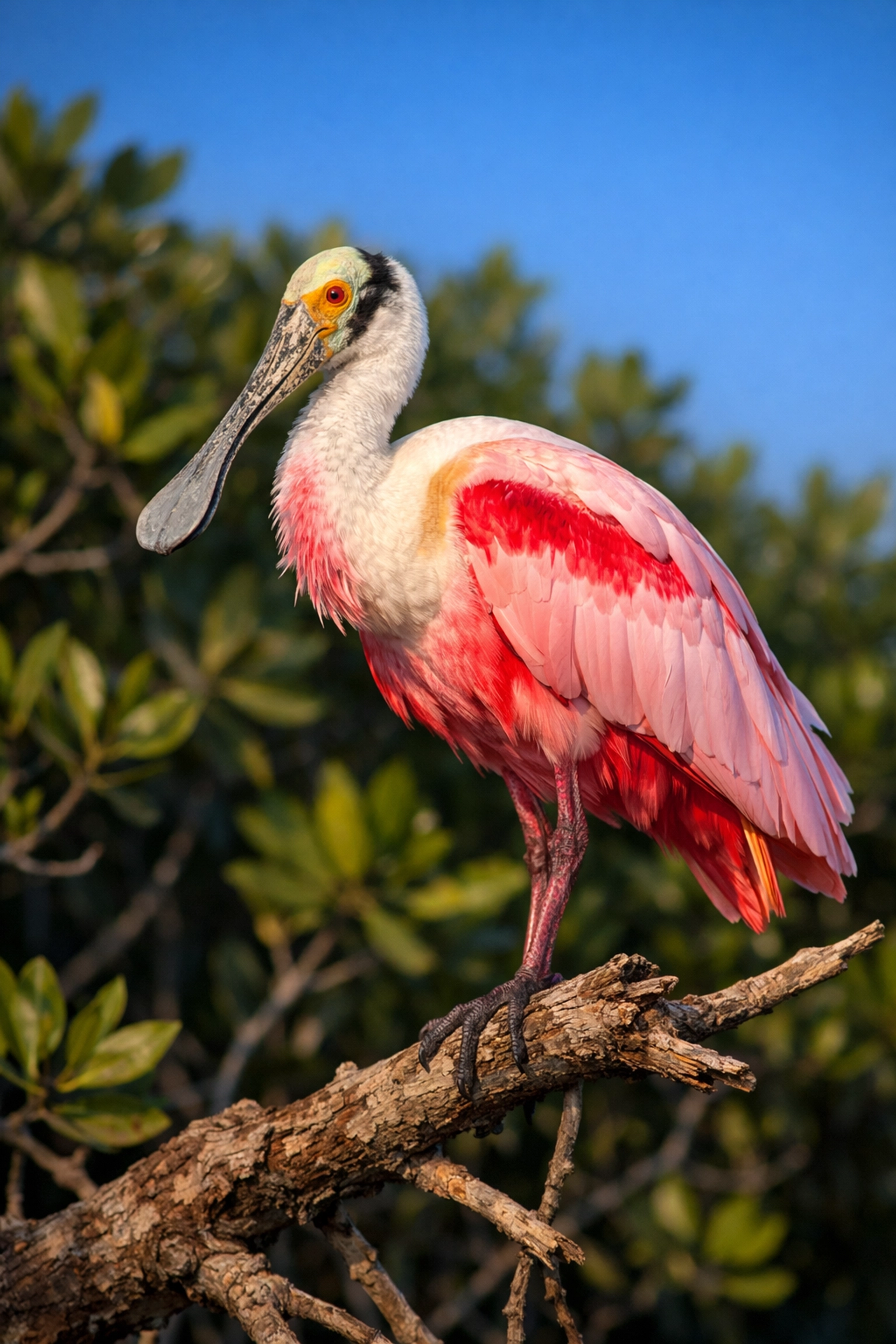 Roseate Spoonbill perched on a mangrove branch, a top subject for Everglades photography.