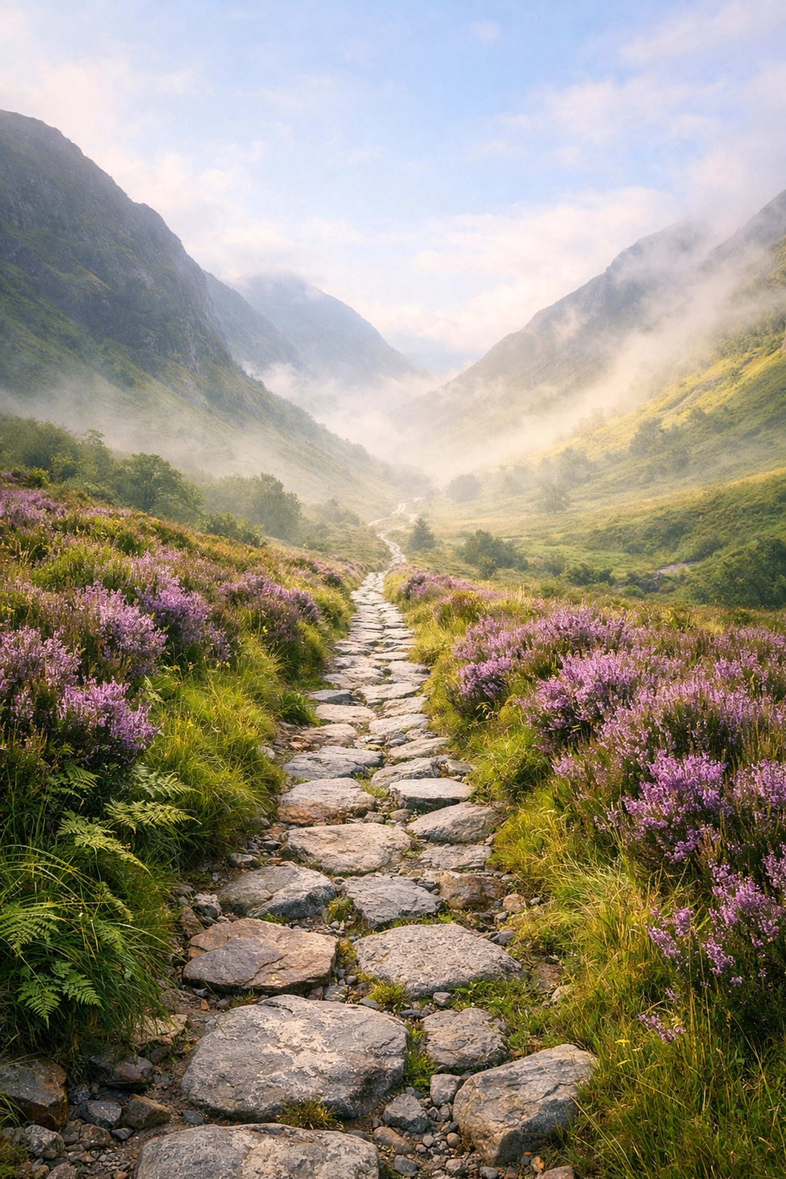 An inviting stone path through a misty valley in the Scottish Highlands during a guided hiking tour.