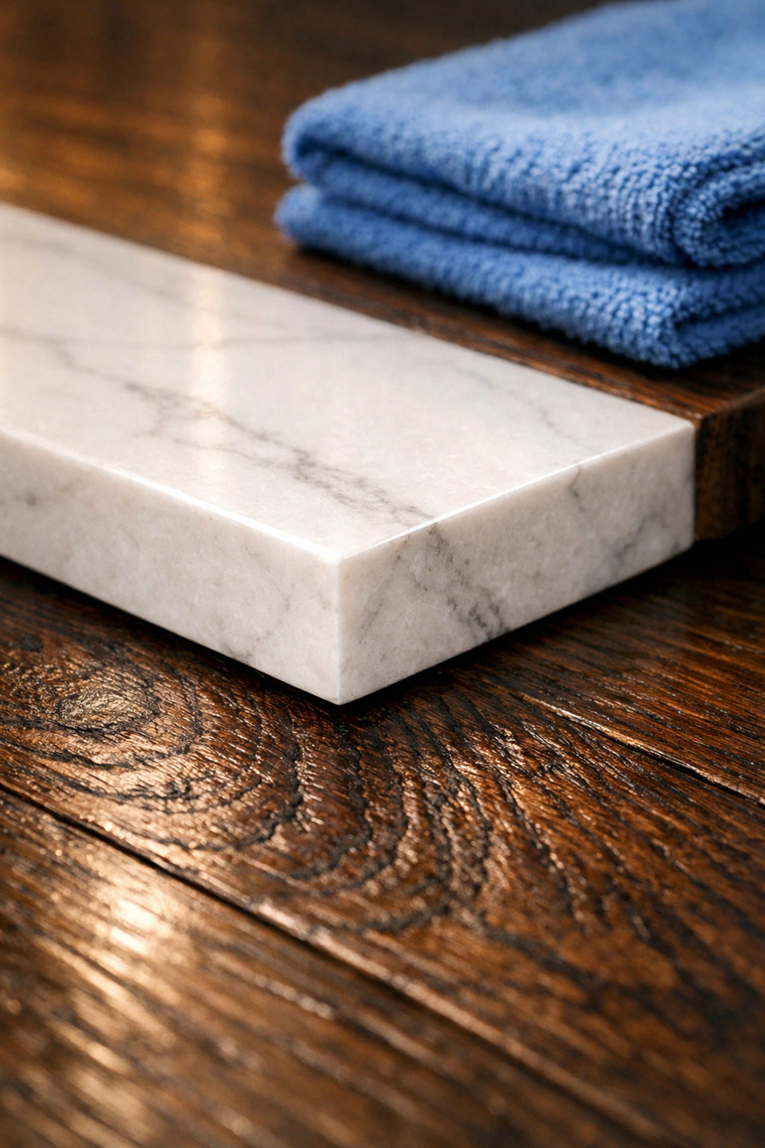 Close-up of polished quartz and oak flooring maintained by professional residential cleaning Massachusetts experts.