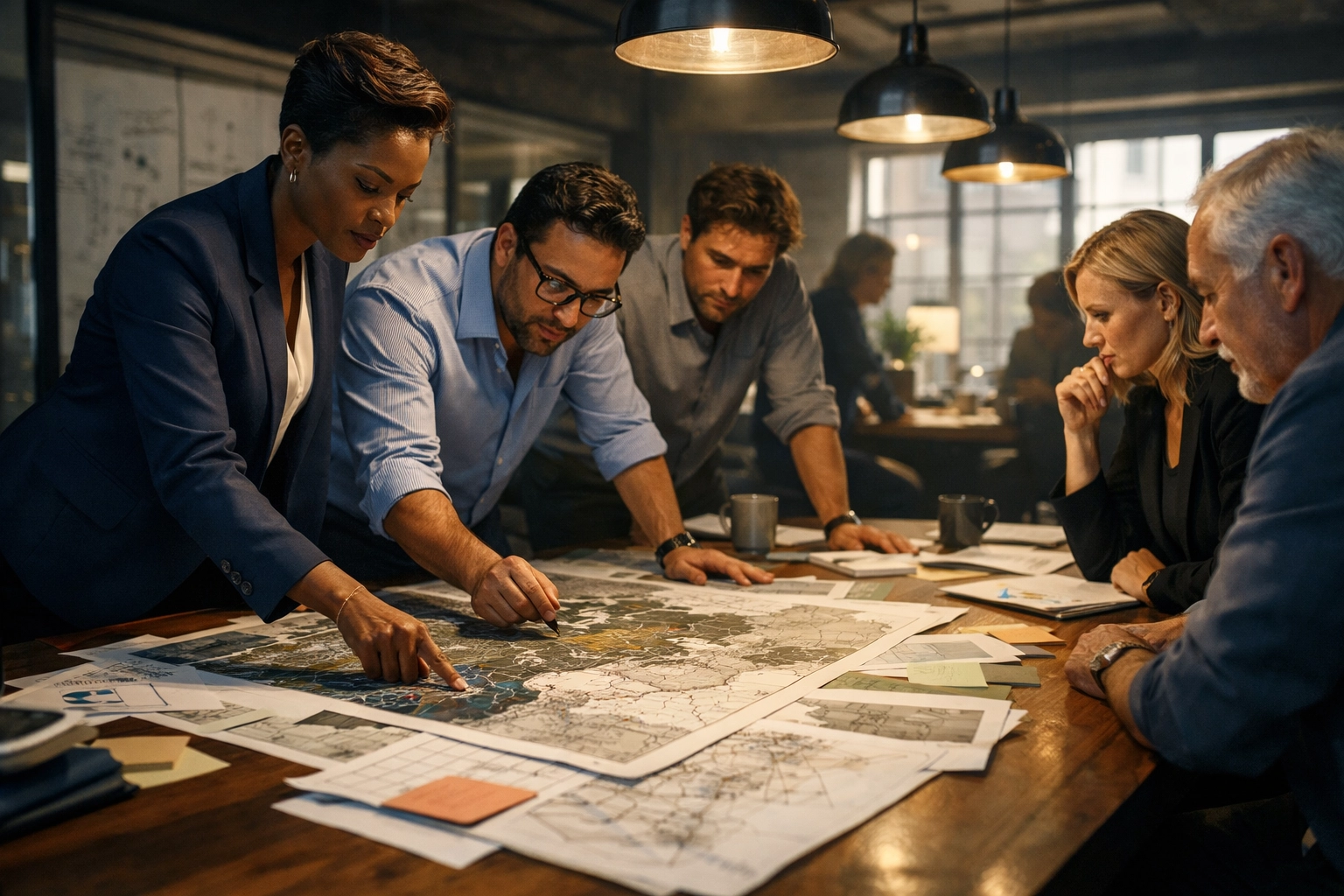Diverse corporate team in a focused strategy meeting, representing presence and attention skills that can help you overcome anxiety and break the dopamine-driven scrolling loop.