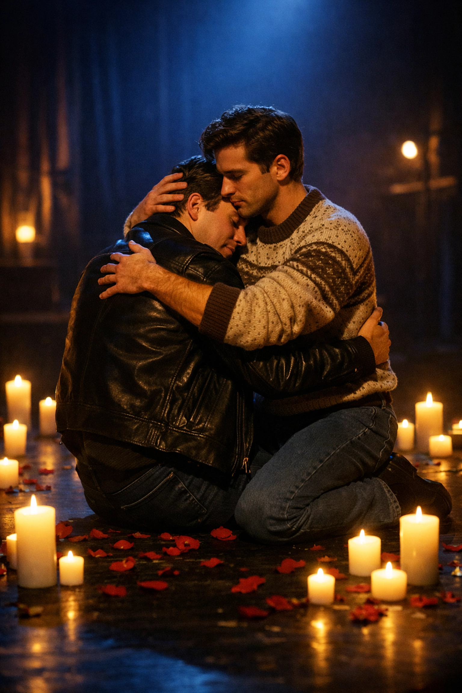 Two men embracing on theatre stage with memorial candles, representing AIDS crisis and gay love stories